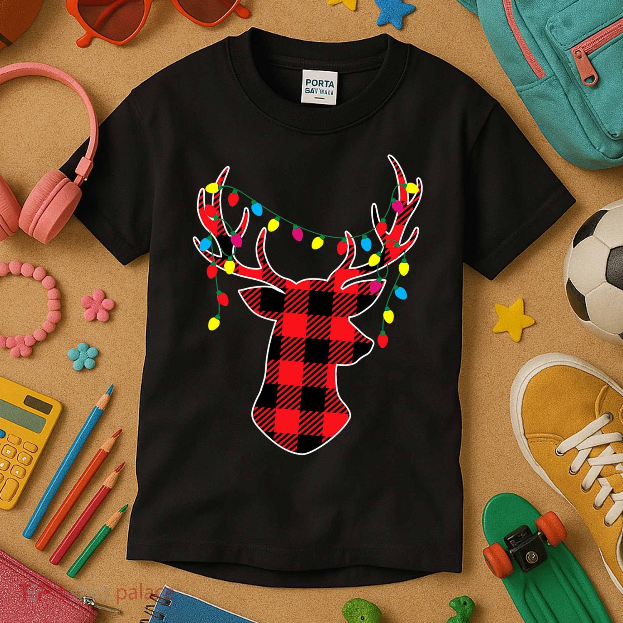 Classic Red & Black Christmas Buffalo Plaid Deer Kids T-Shirt