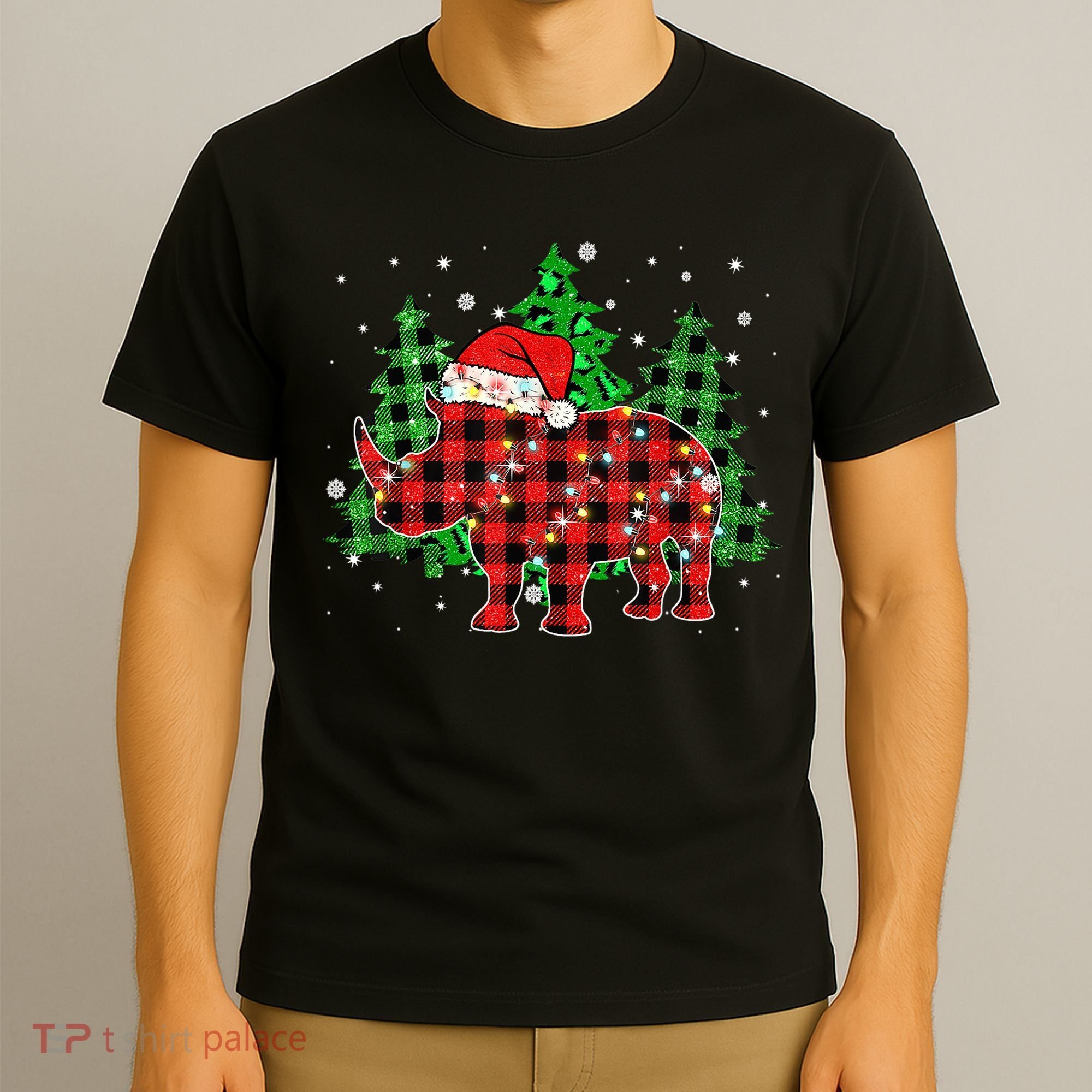 Classic Red & Black Christmas Buffalo Plaid Rhino Pajamas T-Shirt