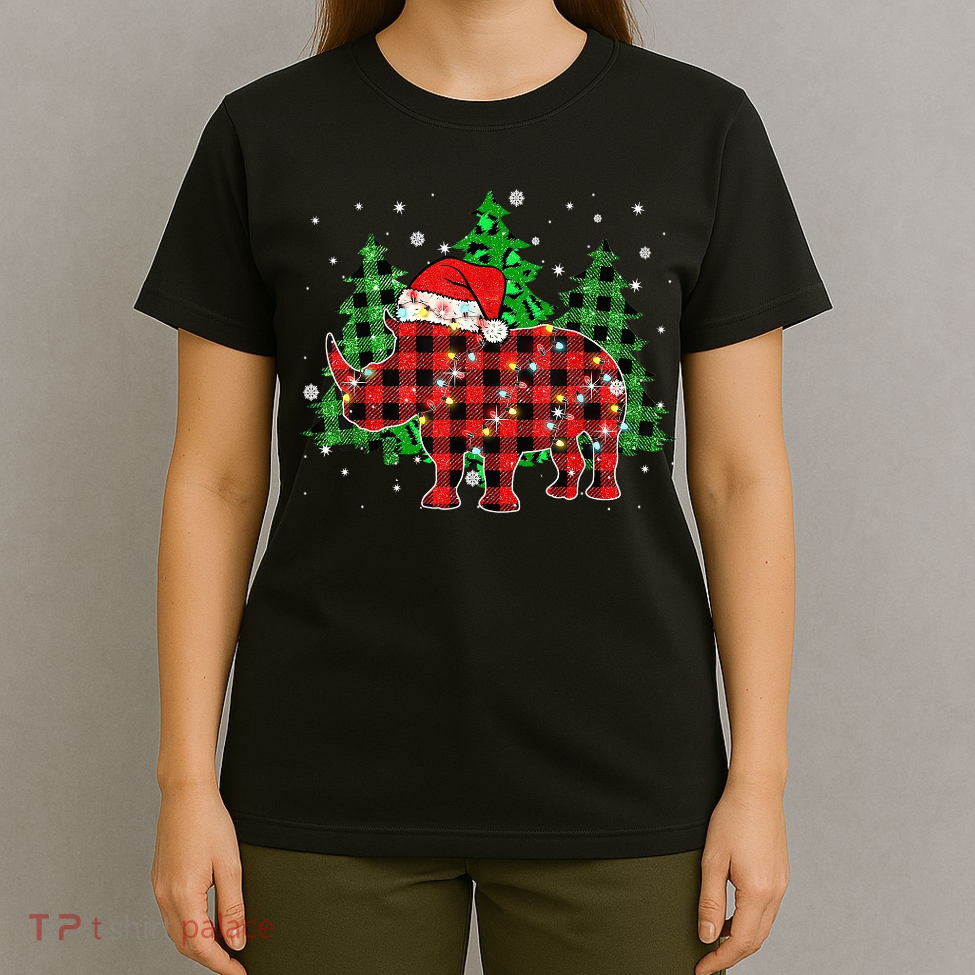 Classic Red & Black Christmas Buffalo Plaid Rhino Pajamas T-Shirt