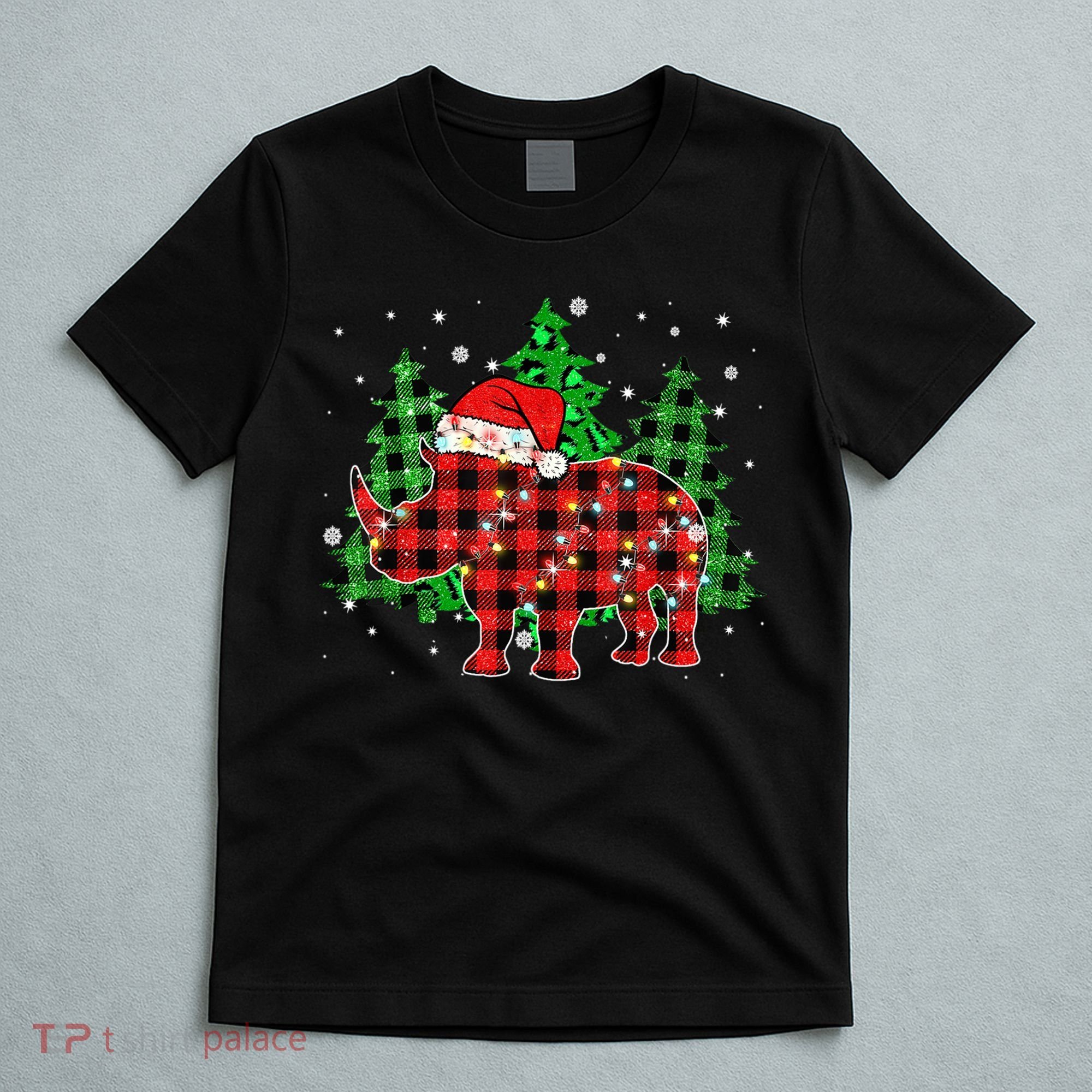 Classic Red & Black Christmas Buffalo Plaid Rhino Pajamas T-Shirt