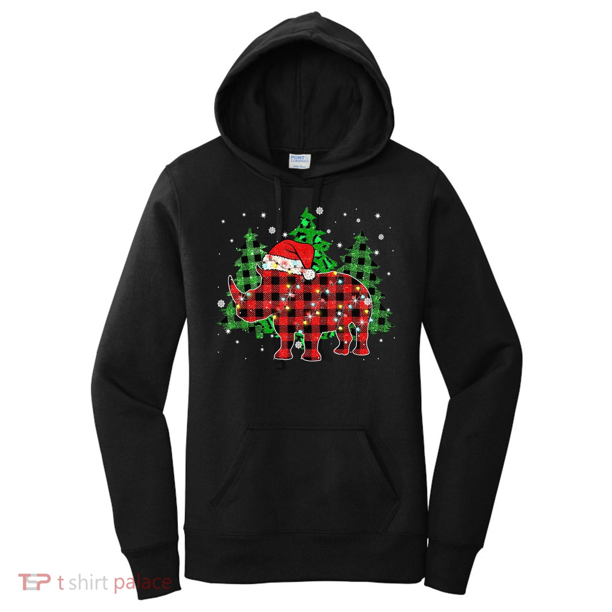 Classic Red & Black Christmas Buffalo Plaid Rhino Pajamas Women's Hoodie
