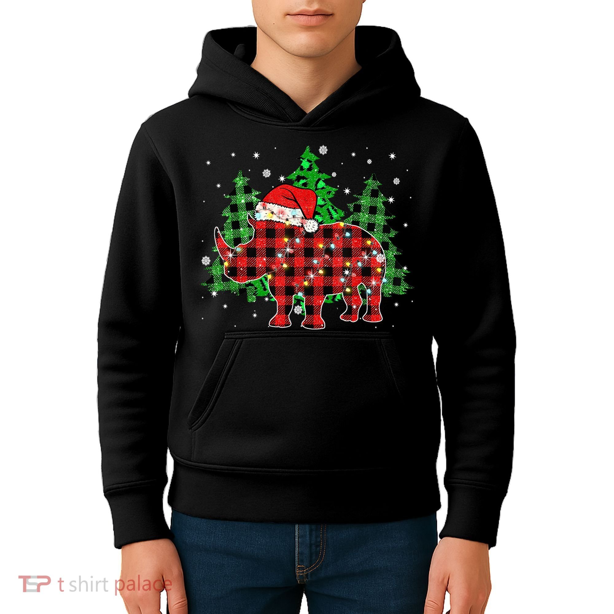 Classic Red & Black Christmas Buffalo Plaid Rhino Pajamas Kids Hoodie