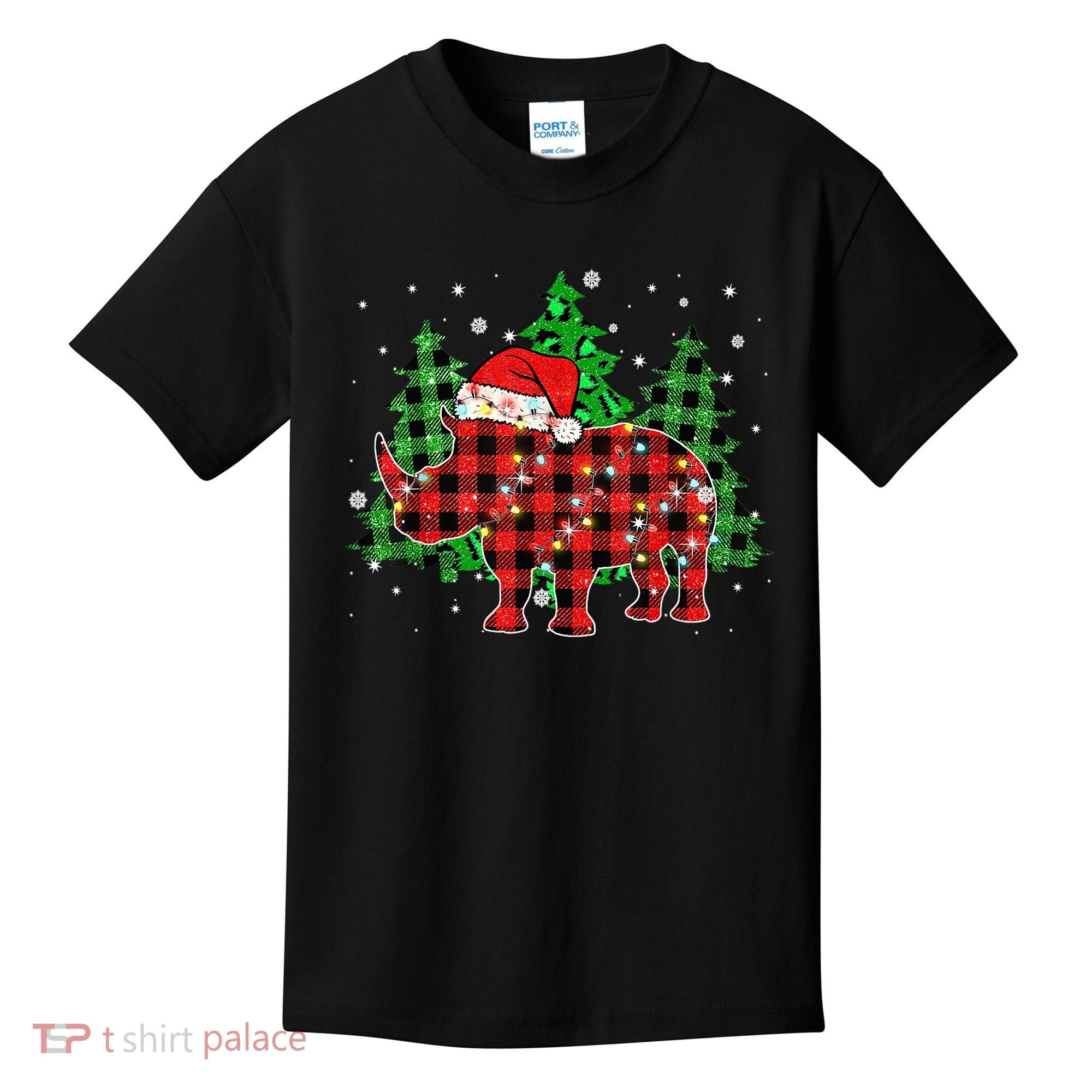 Classic Red & Black Christmas Buffalo Plaid Rhino Pajamas Kids T-Shirt