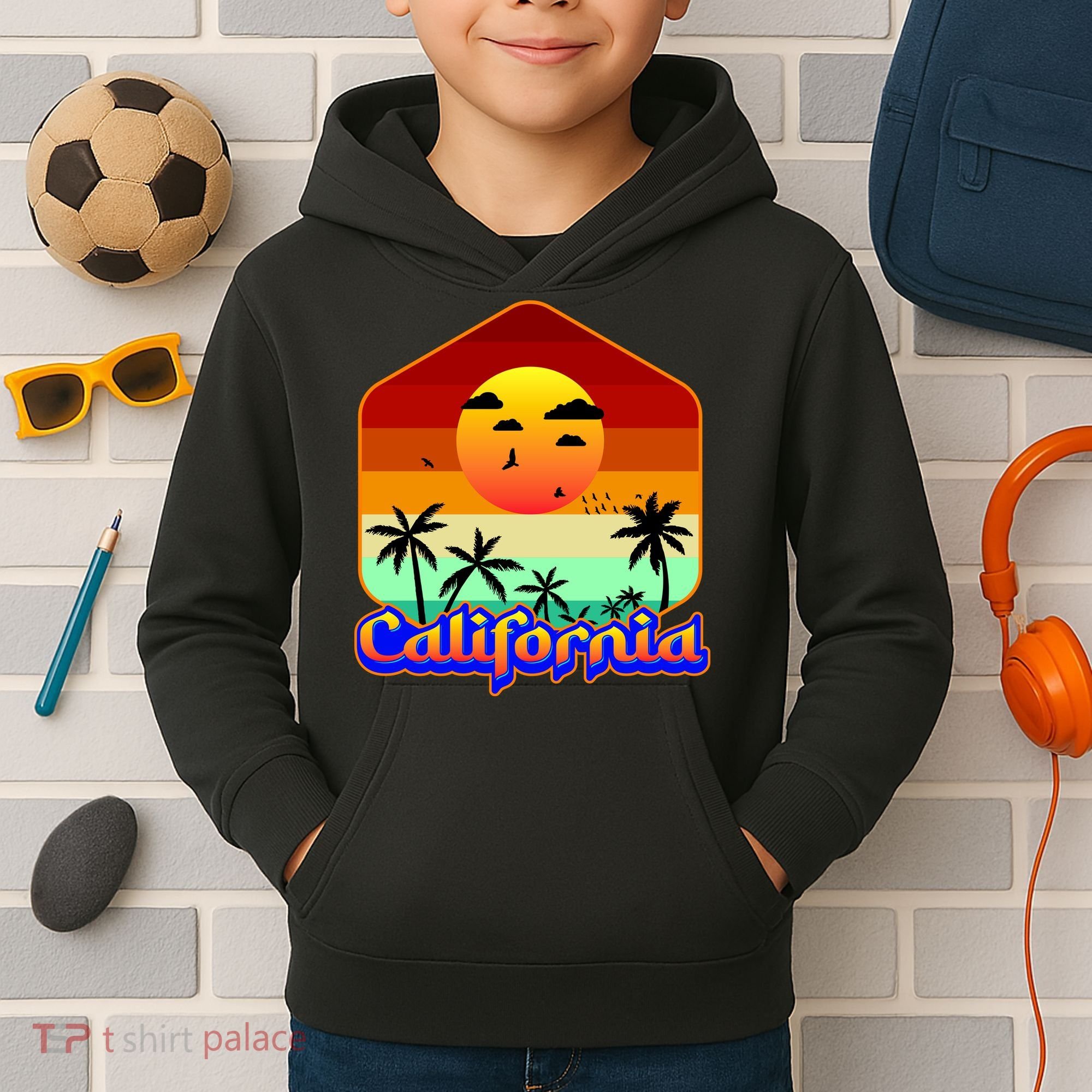California Retro Beach Sunset Logo Kids Hoodie