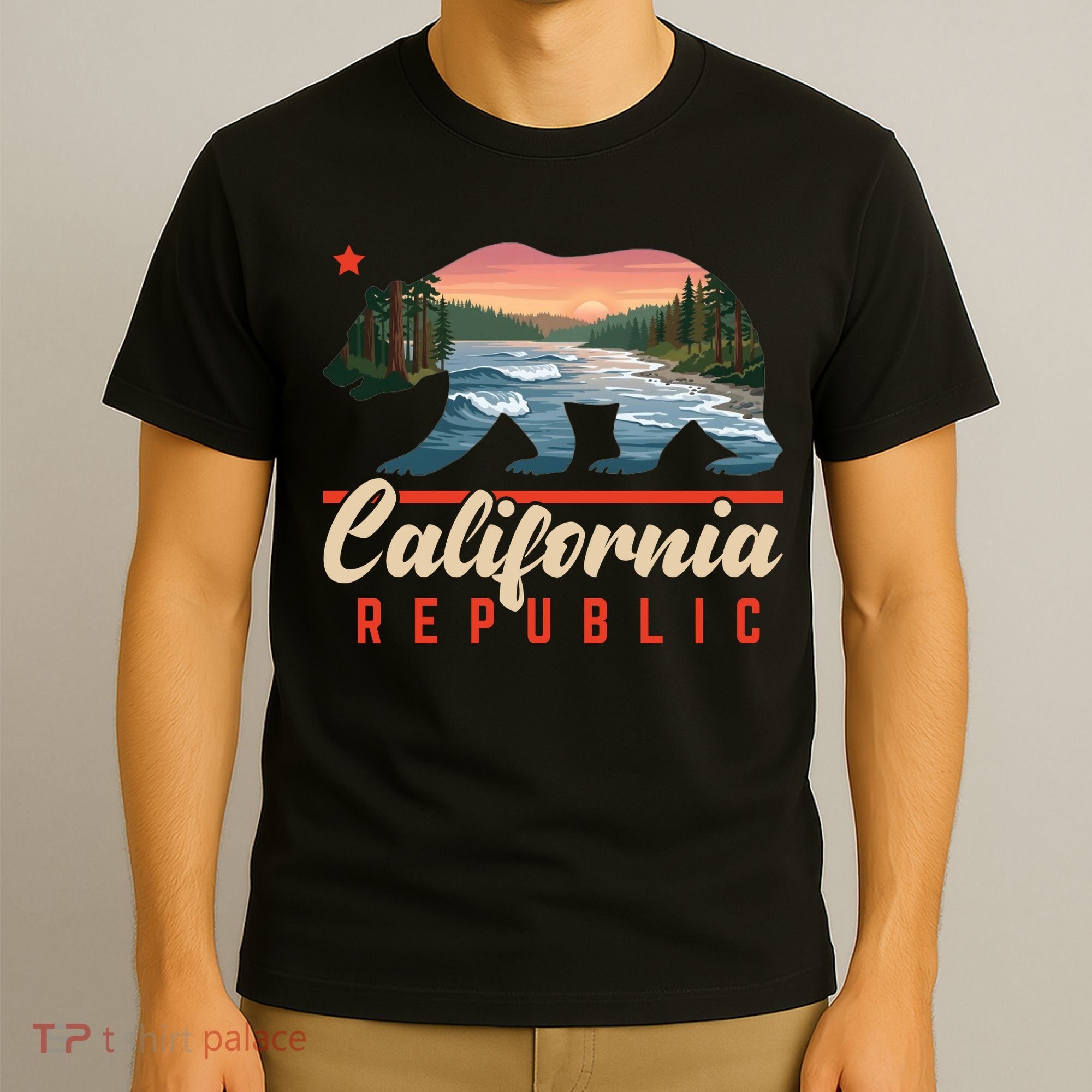 California Republic Bear Cali West Coast Beach Sunset T-Shirt