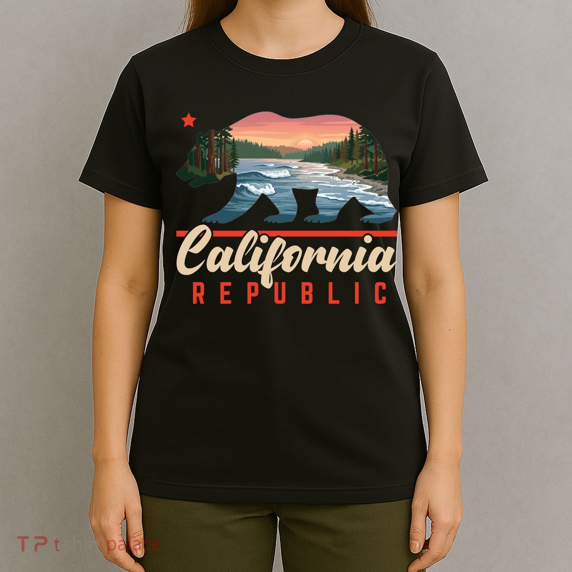 California Republic Bear Cali West Coast Beach Sunset T-Shirt
