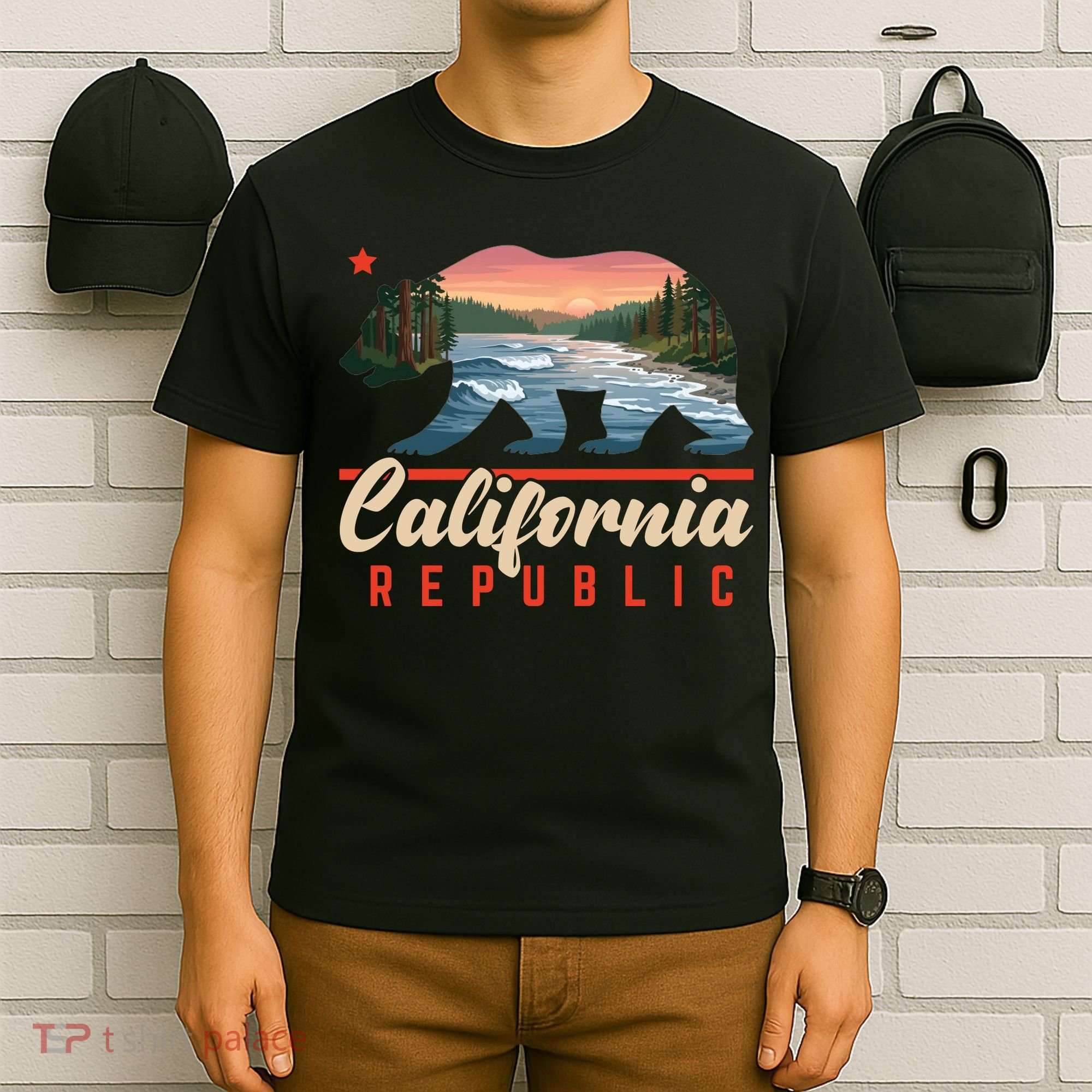 California Republic Bear Cali West Coast Beach Sunset T-Shirt