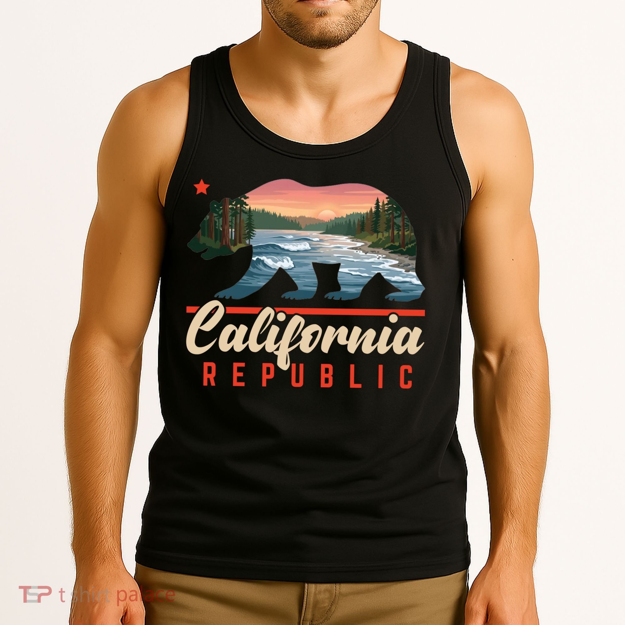 California Republic Bear Cali West Coast Beach Sunset Tank Top