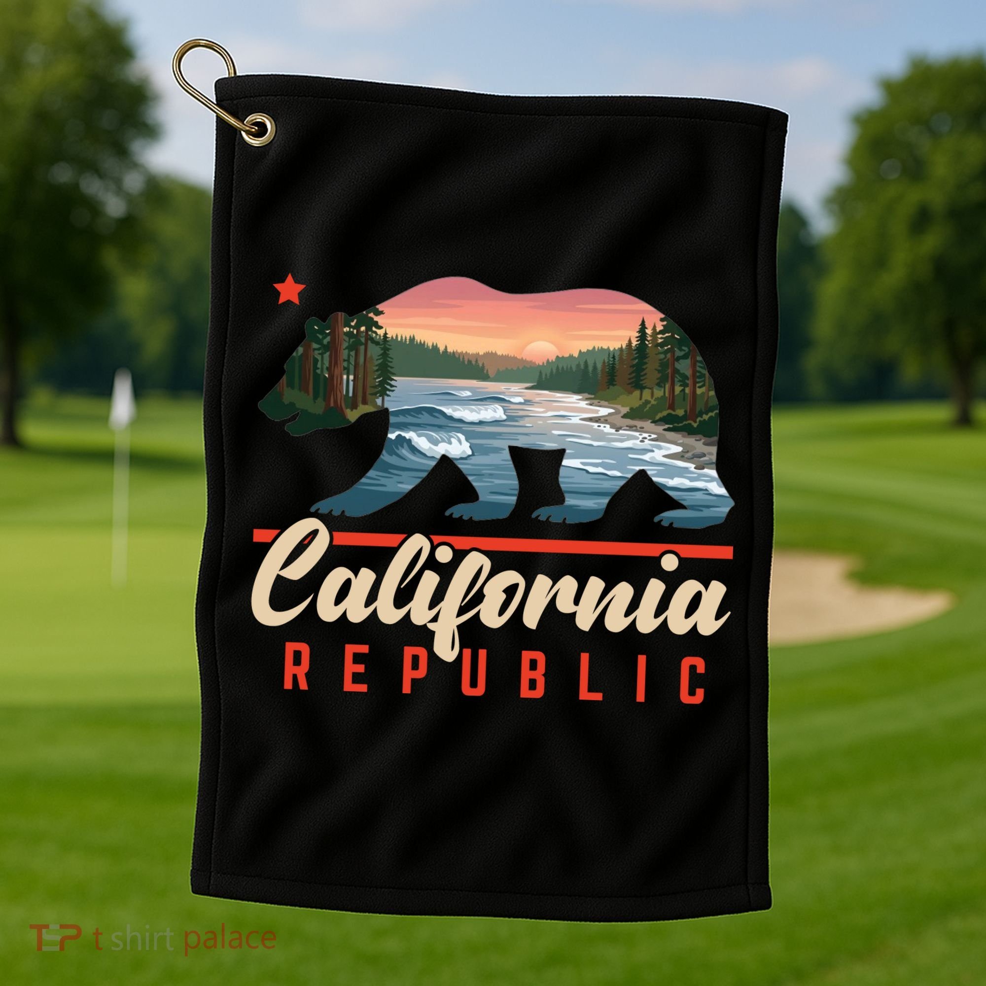 California Republic Bear Cali West Coast Beach Sunset Golf Towel