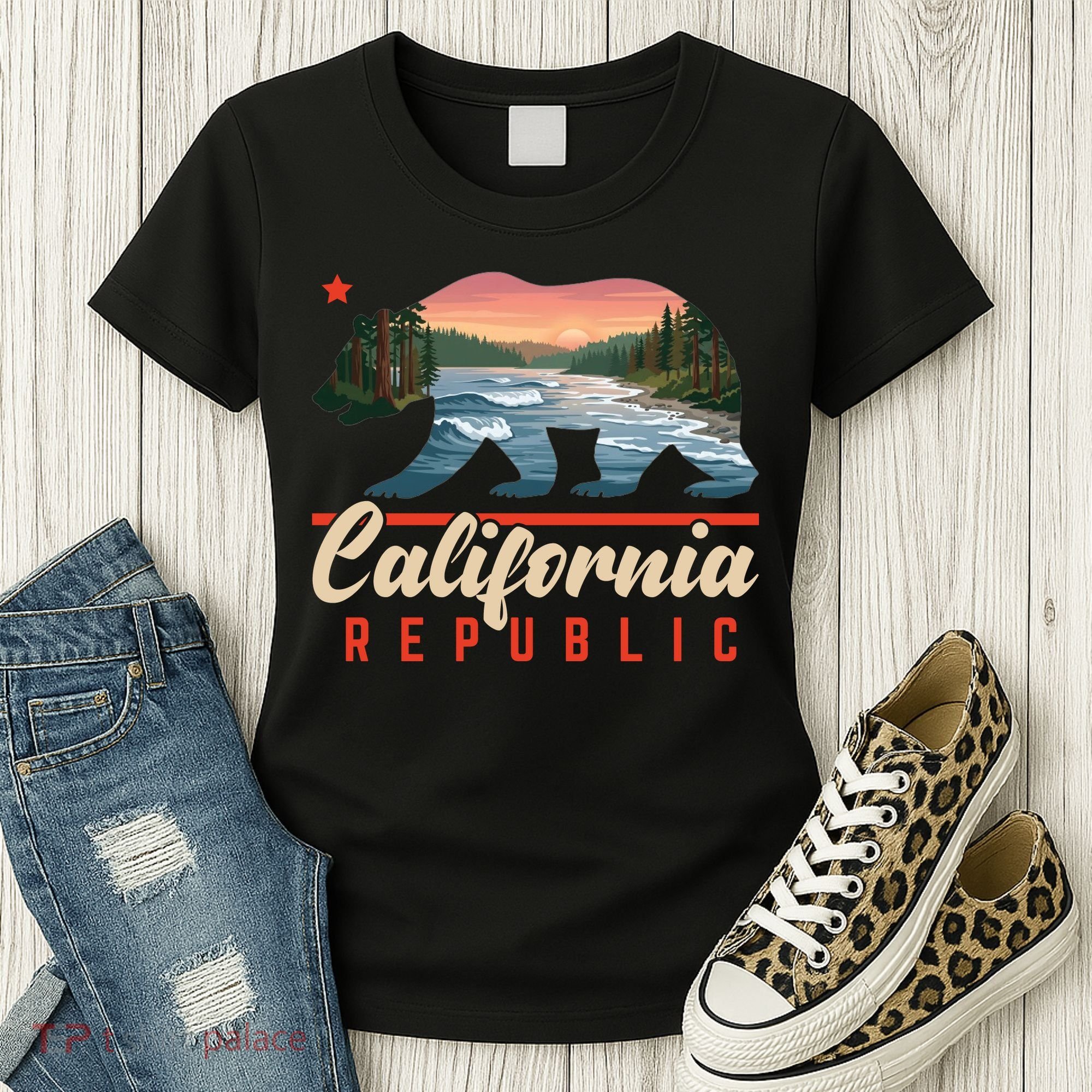 California Republic Bear Cali West Coast Beach Sunset Women's T-Shirt