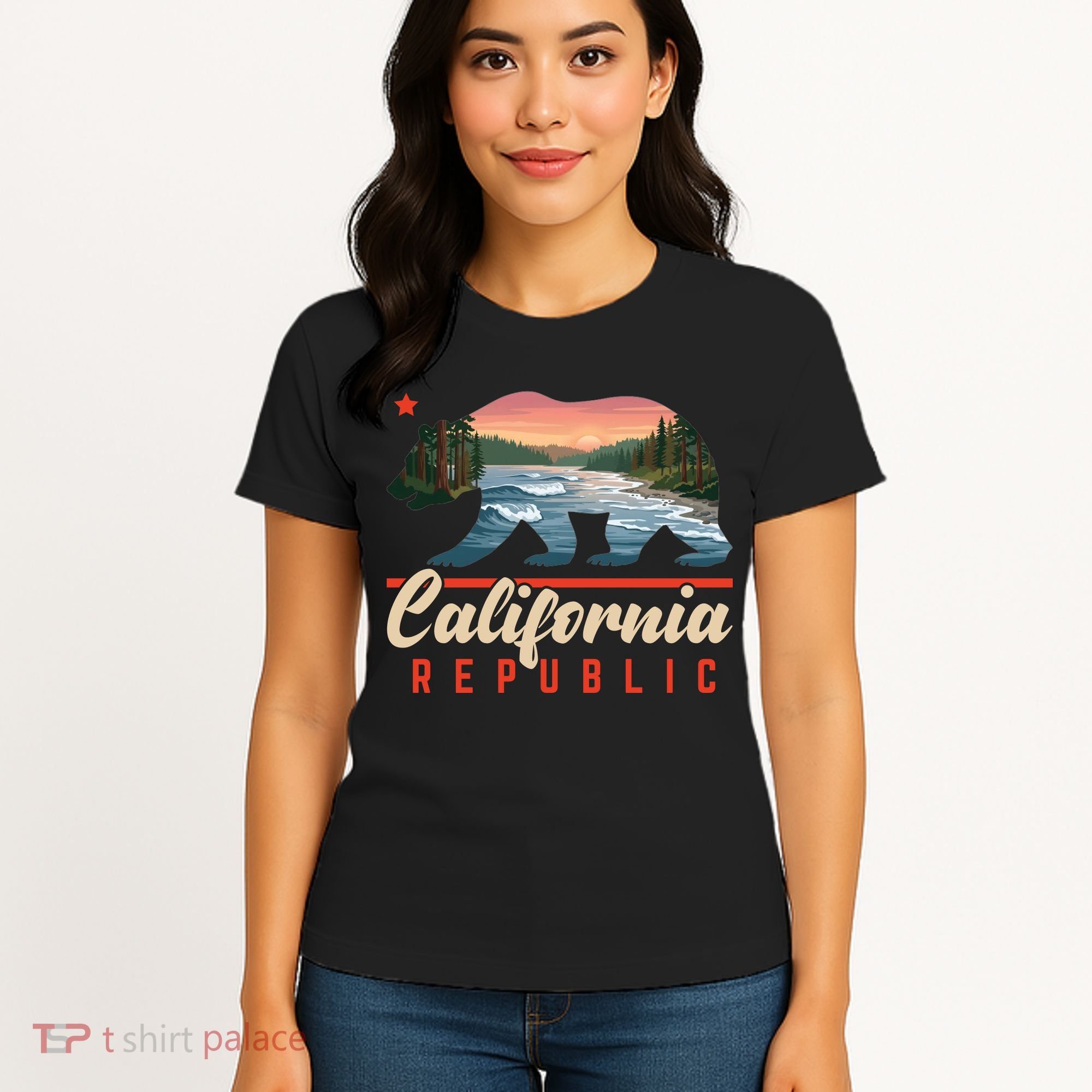 California Republic Bear Cali West Coast Beach Sunset Women's T-Shirt