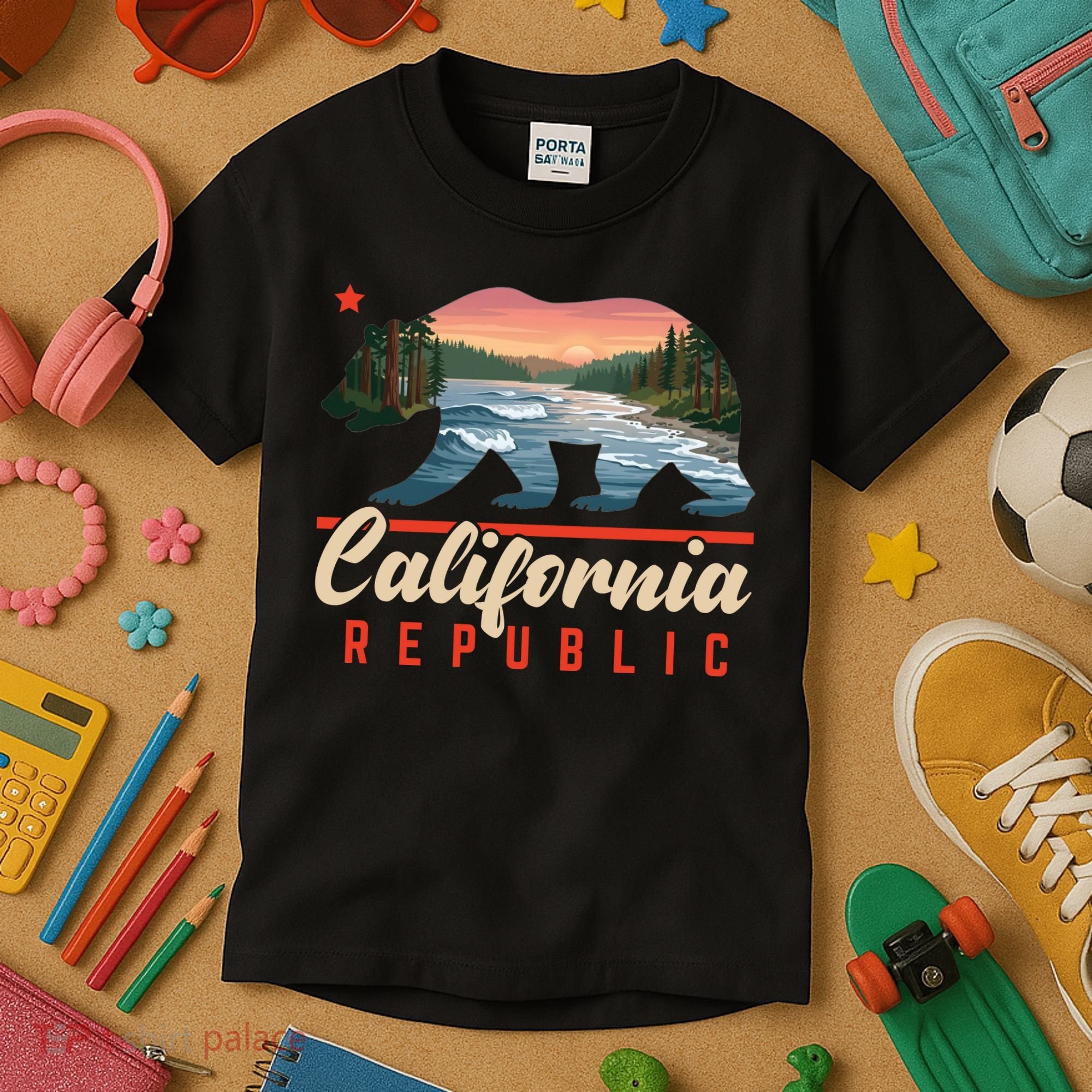 California Republic Bear Cali West Coast Beach Sunset Kids T-Shirt