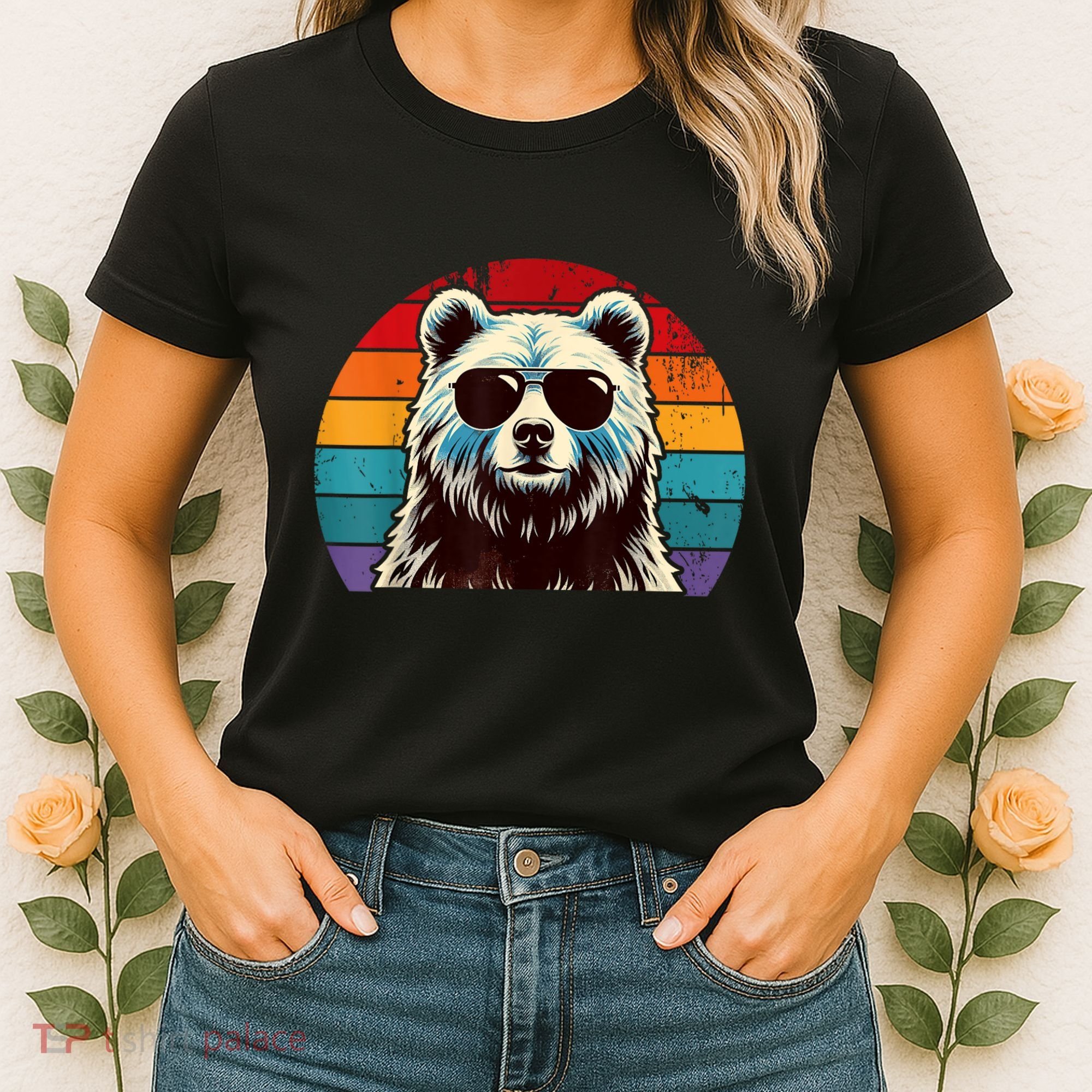 Cool Retro Bear In Sunglasses 70s 80s 90s Novelty Funny Bear Women's T-Shirt