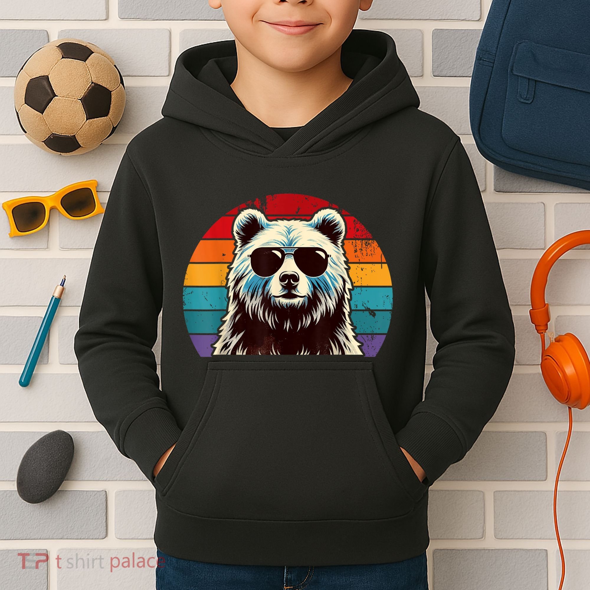 Cool Retro Bear In Sunglasses 70s 80s 90s Novelty Funny Bear Kids Hoodie