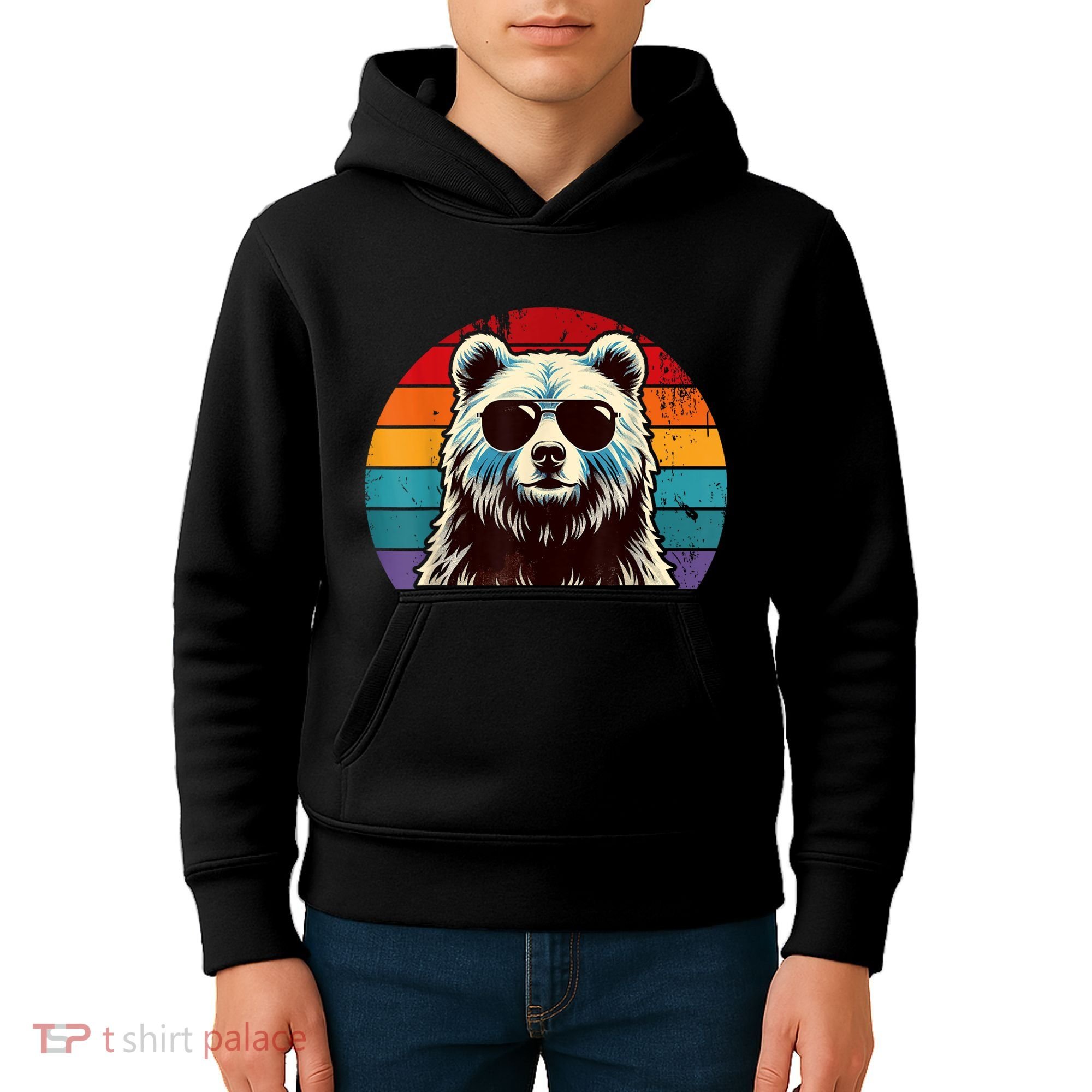 Cool Retro Bear In Sunglasses 70s 80s 90s Novelty Funny Bear Kids Hoodie