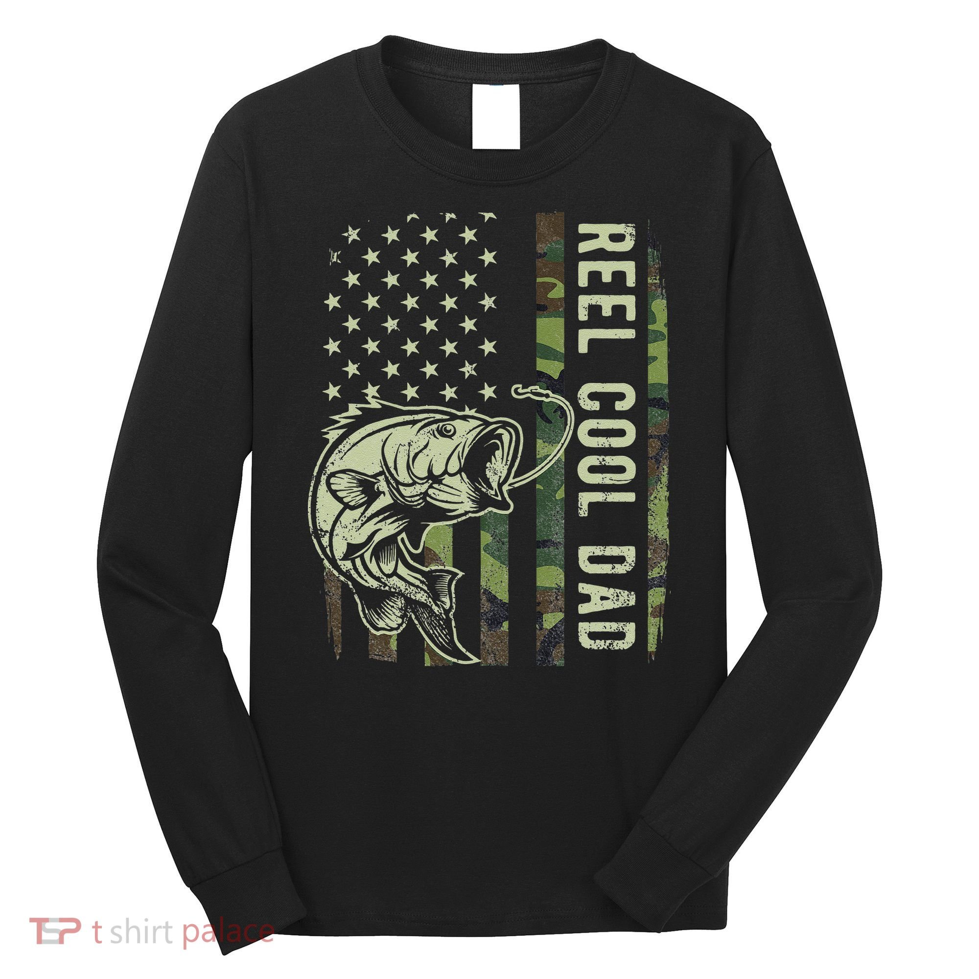 Cute Reel Cool Dad Camouflage American Flag Fathers Day Long Sleeve Shirt