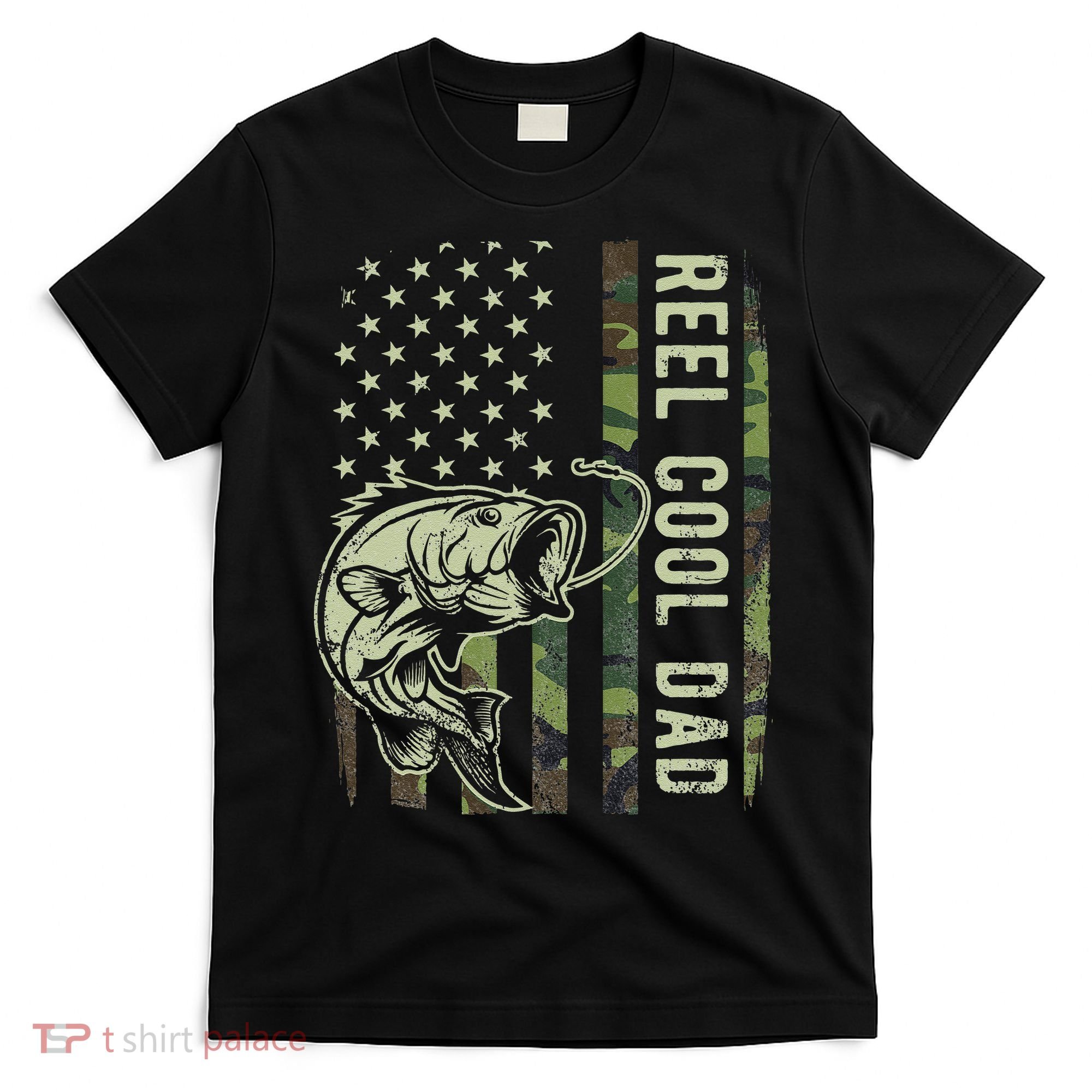 Cute Reel Cool Dad Camouflage American Flag Fathers Day T-Shirt