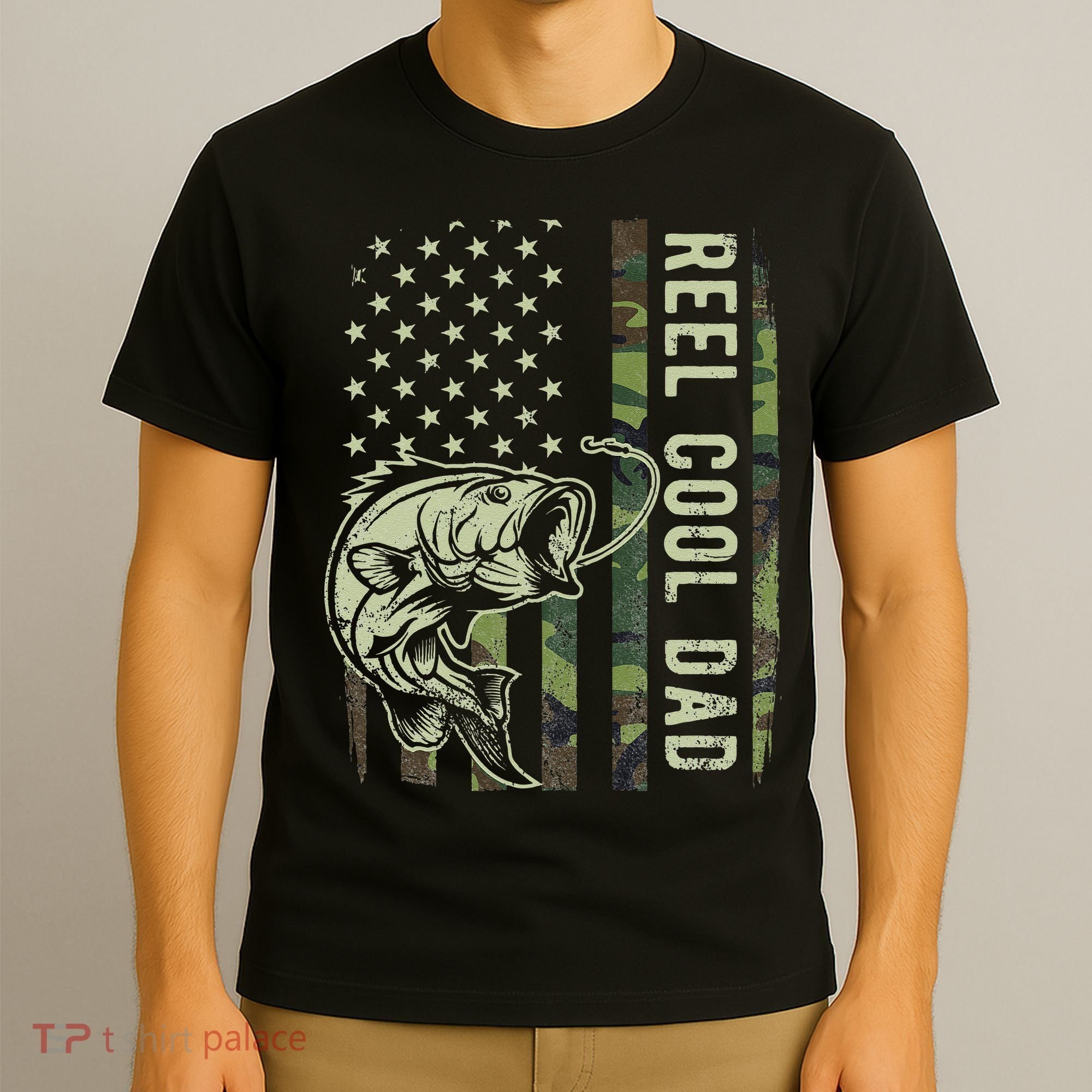 Cute Reel Cool Dad Camouflage American Flag Fathers Day T-Shirt