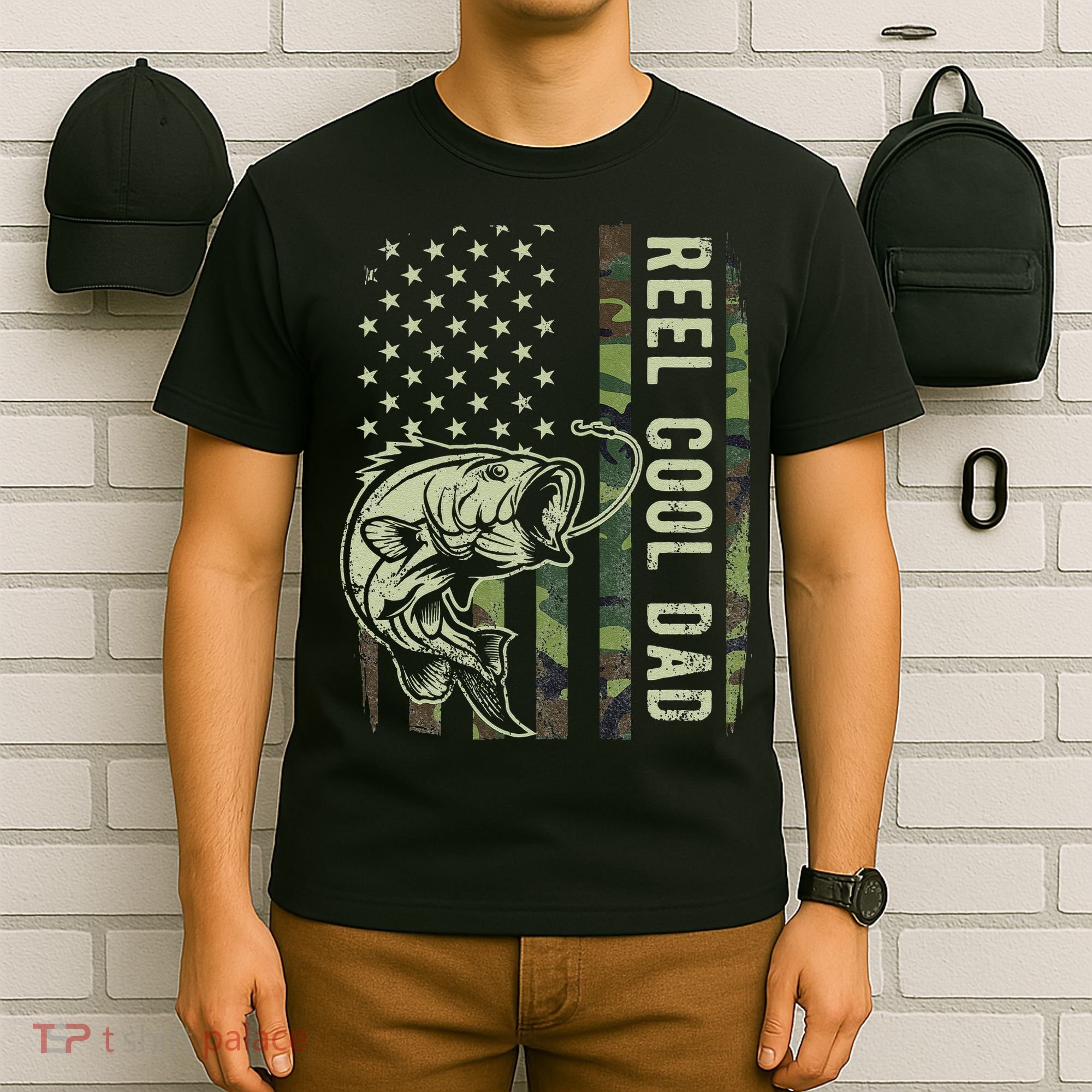 Cute Reel Cool Dad Camouflage American Flag Fathers Day T-Shirt