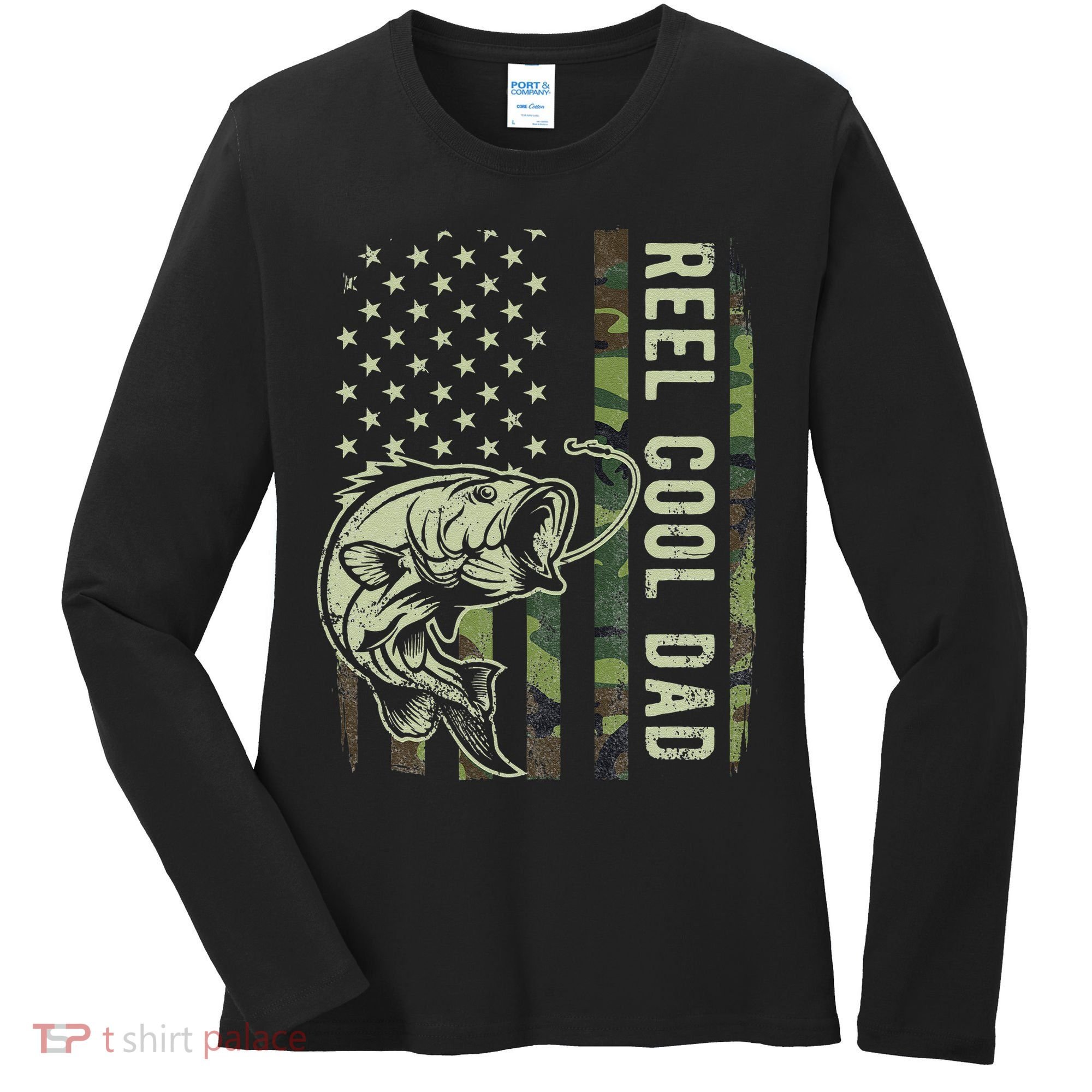 Cute Reel Cool Dad Camouflage American Flag Fathers Day Women's Long Sleeve Shirt
