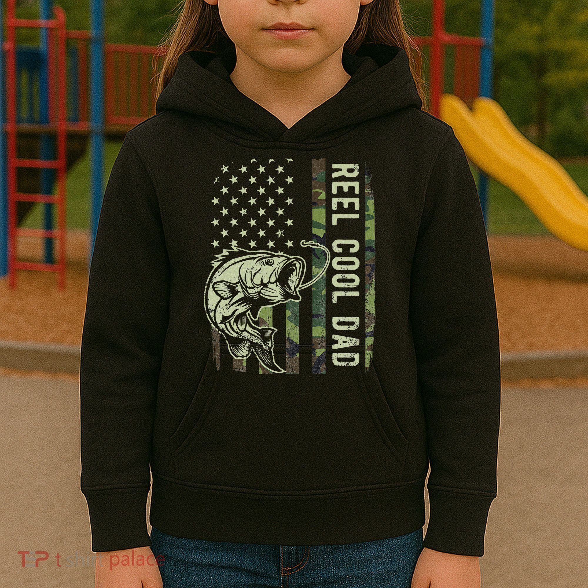 Cute Reel Cool Dad Camouflage American Flag Fathers Day Kids Hoodie