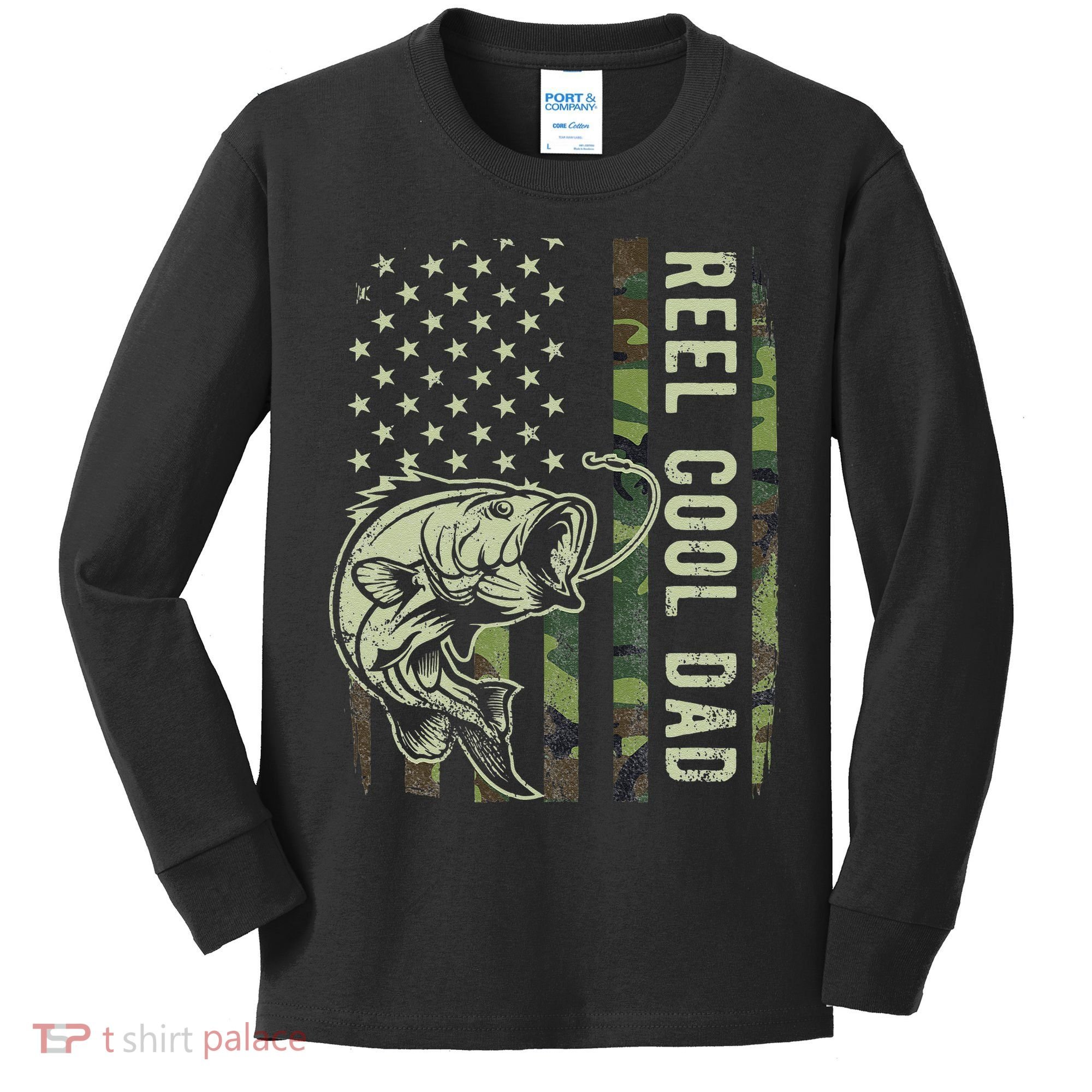 Cute Reel Cool Dad Camouflage American Flag Fathers Day Kids Long Sleeve Shirt