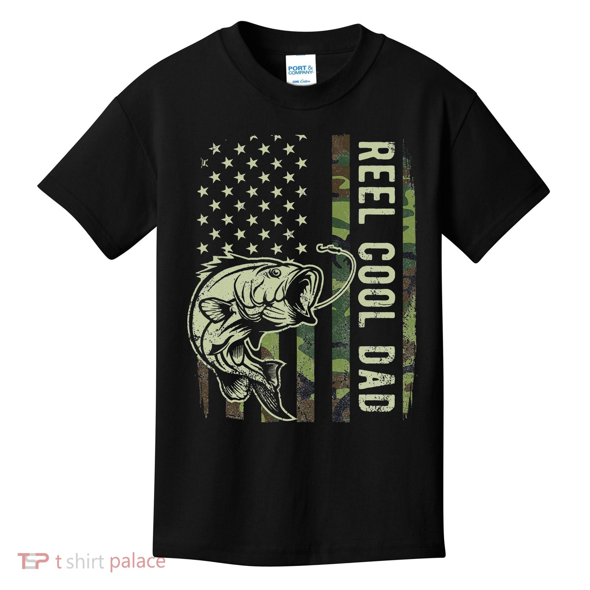 Cute Reel Cool Dad Camouflage American Flag Fathers Day Kids T-Shirt