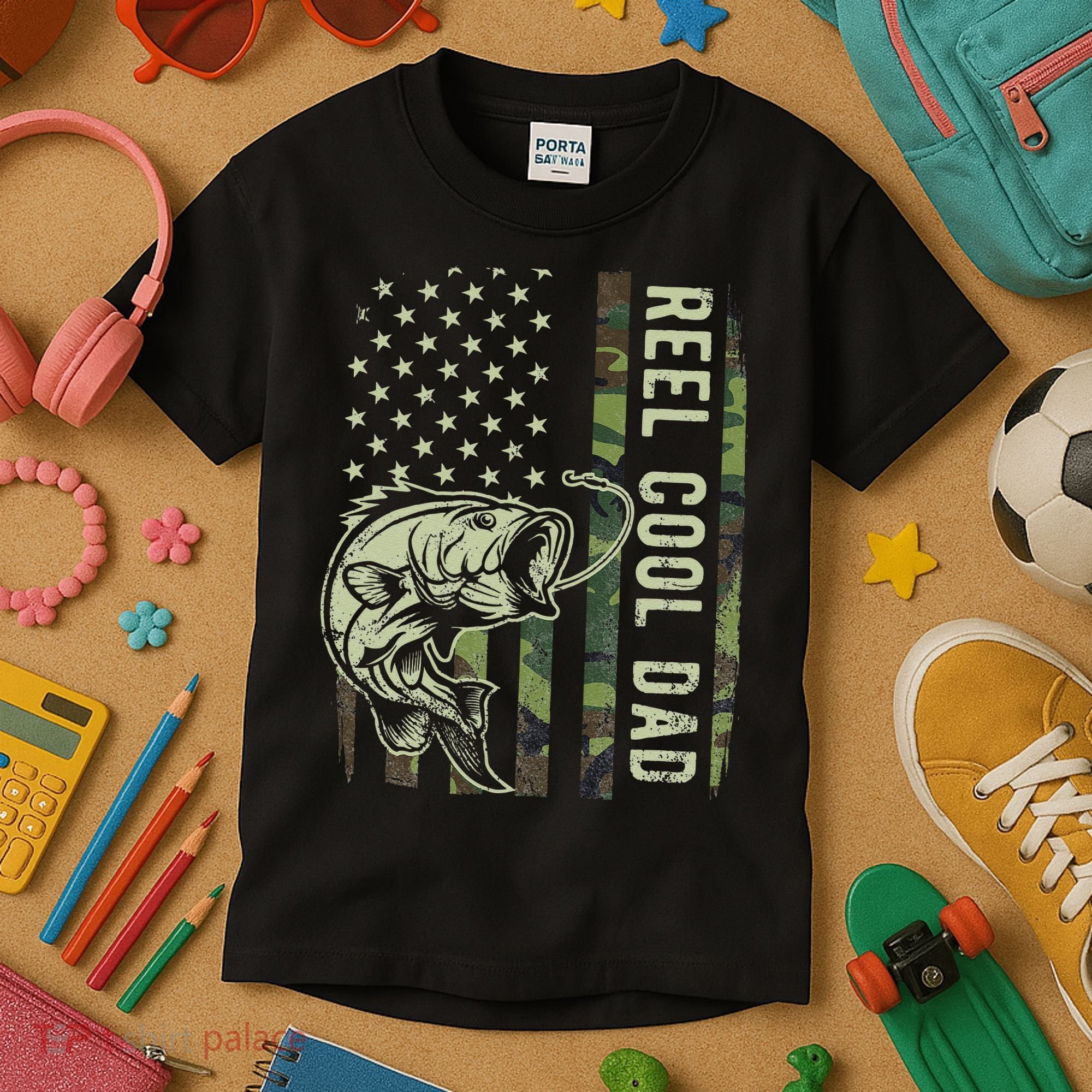 Cute Reel Cool Dad Camouflage American Flag Fathers Day Kids T-Shirt