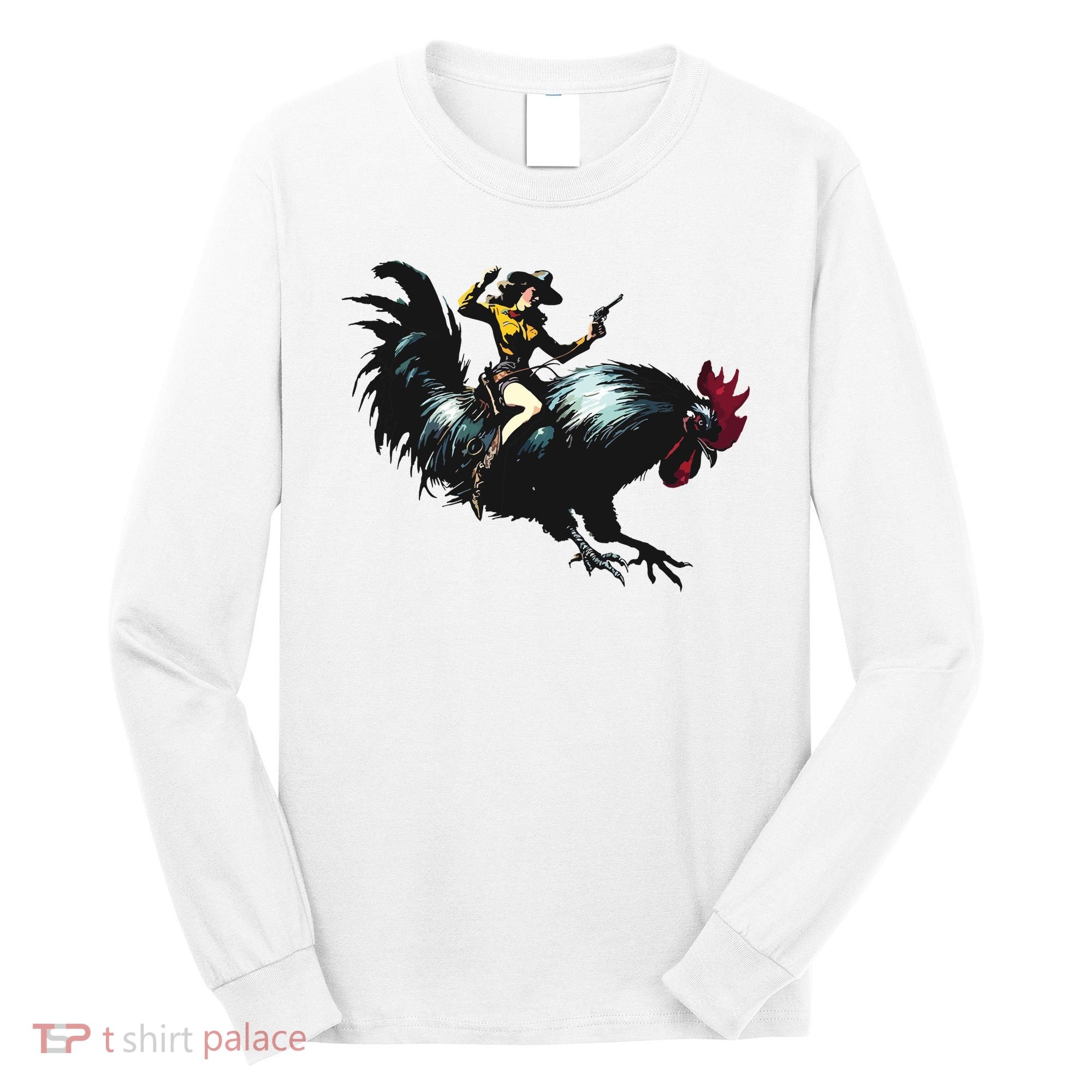 Cowgirl Riding Chicken Funny Retro Rodeo Rooster Long Sleeve Shirt