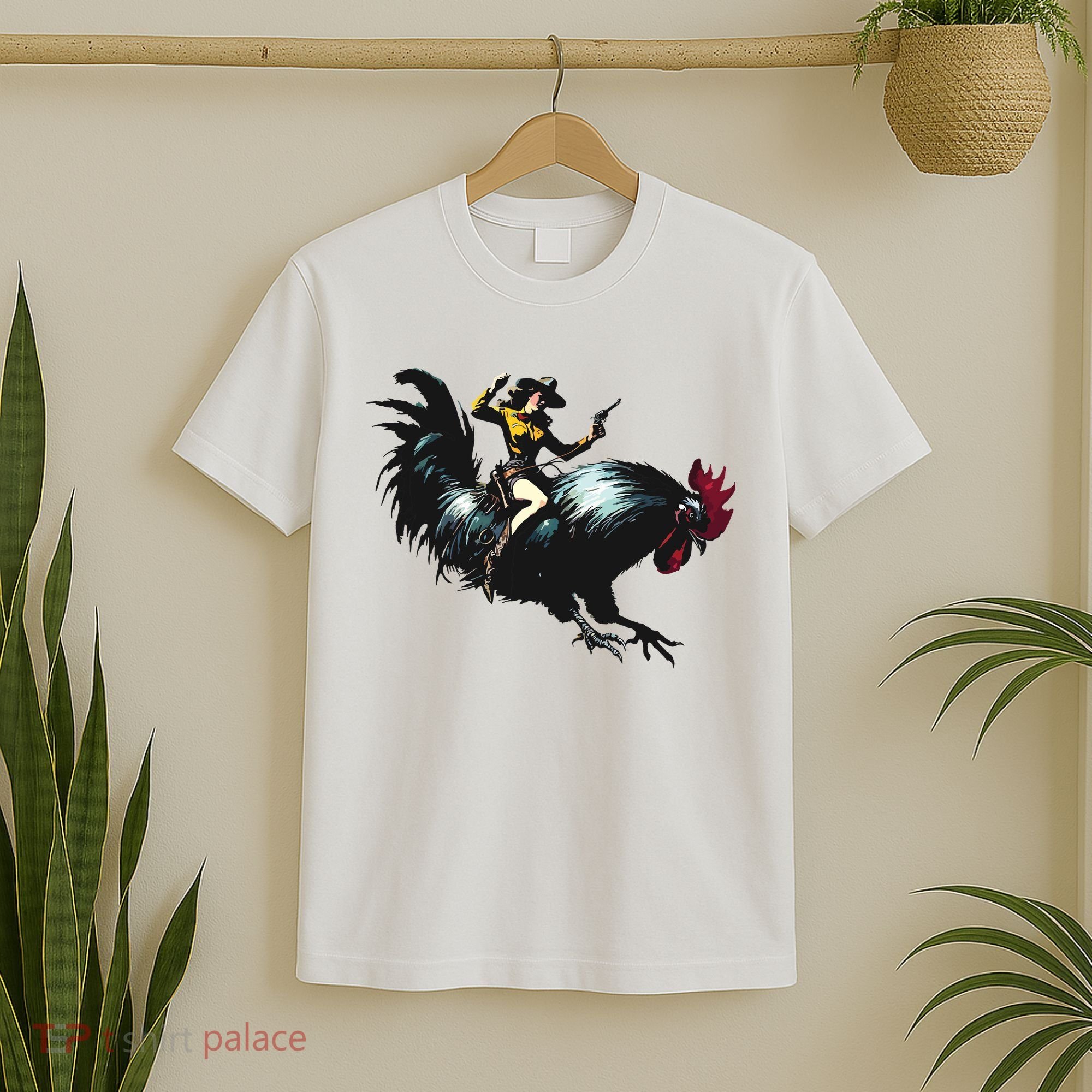 Cowgirl Riding Chicken Funny Retro Rodeo Rooster T-Shirt