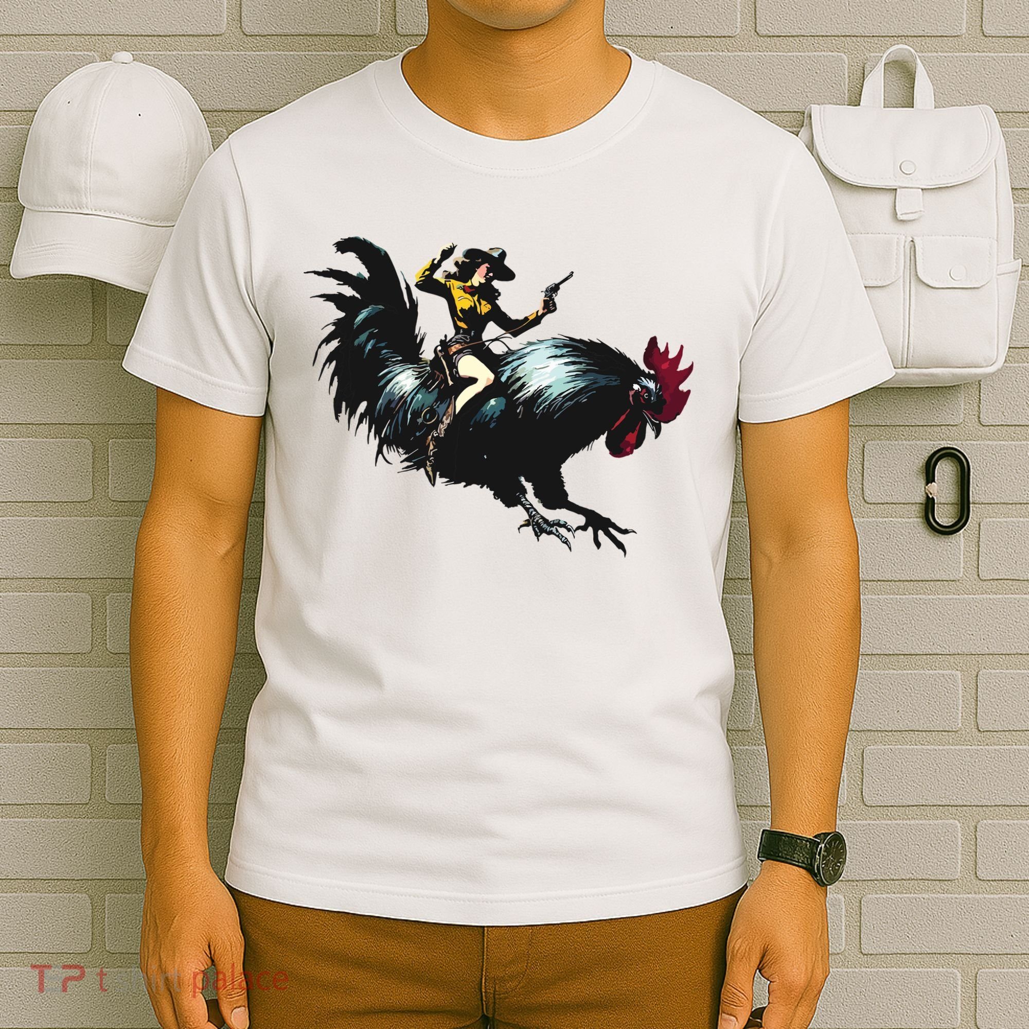 Cowgirl Riding Chicken Funny Retro Rodeo Rooster T-Shirt