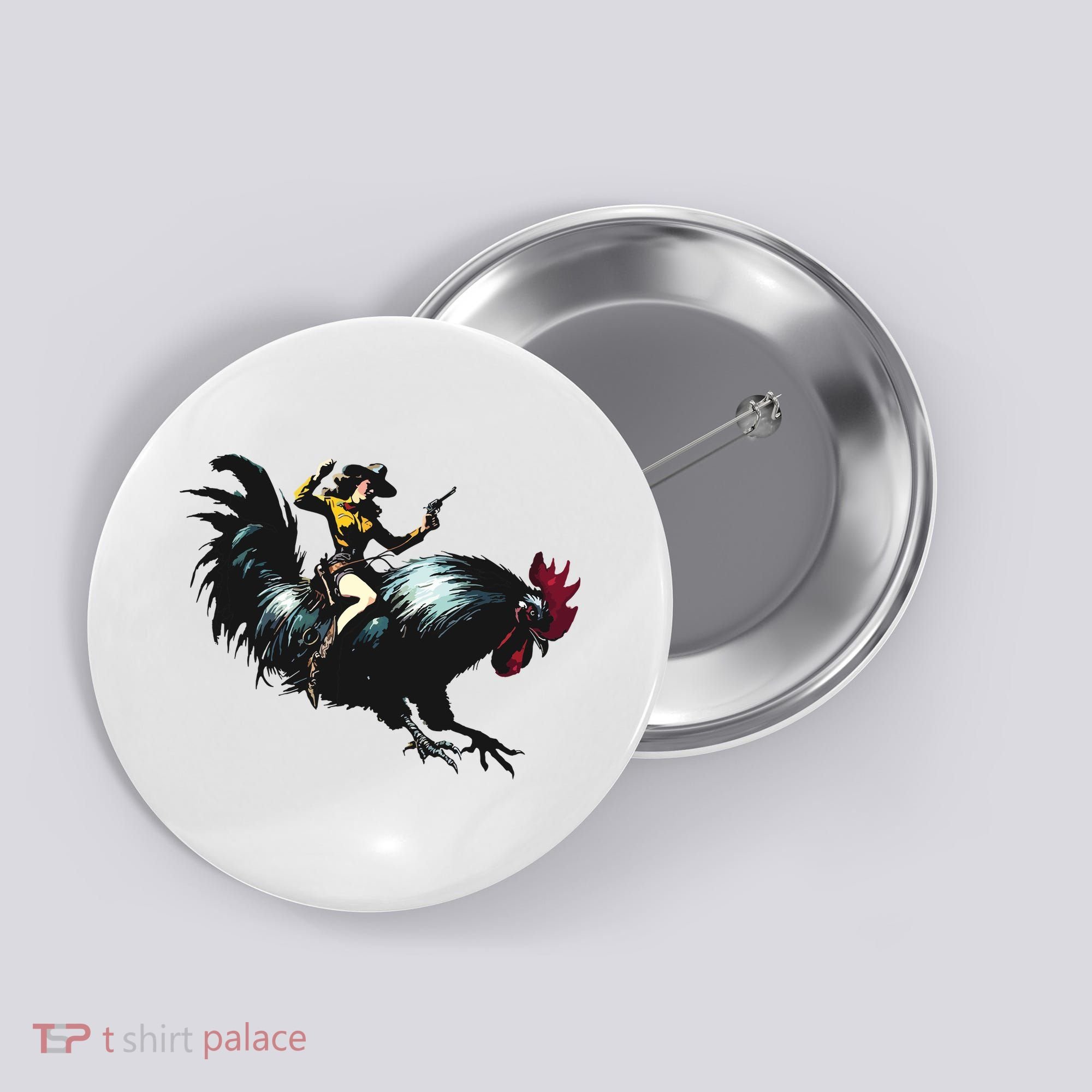 Cowgirl Riding Chicken Funny Retro Rodeo Rooster Button