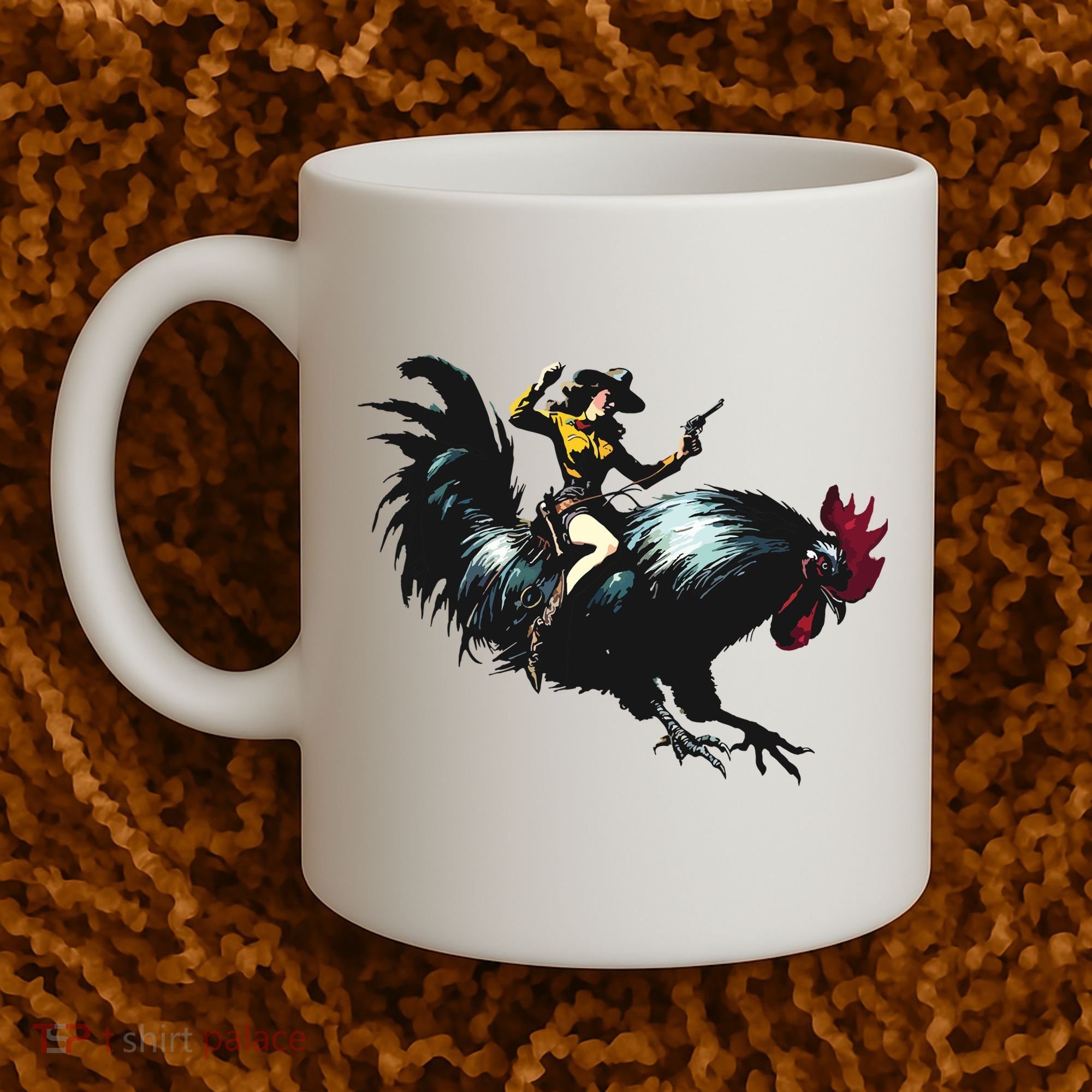 Cowgirl Riding Chicken Funny Retro Rodeo Rooster Coffee Mug