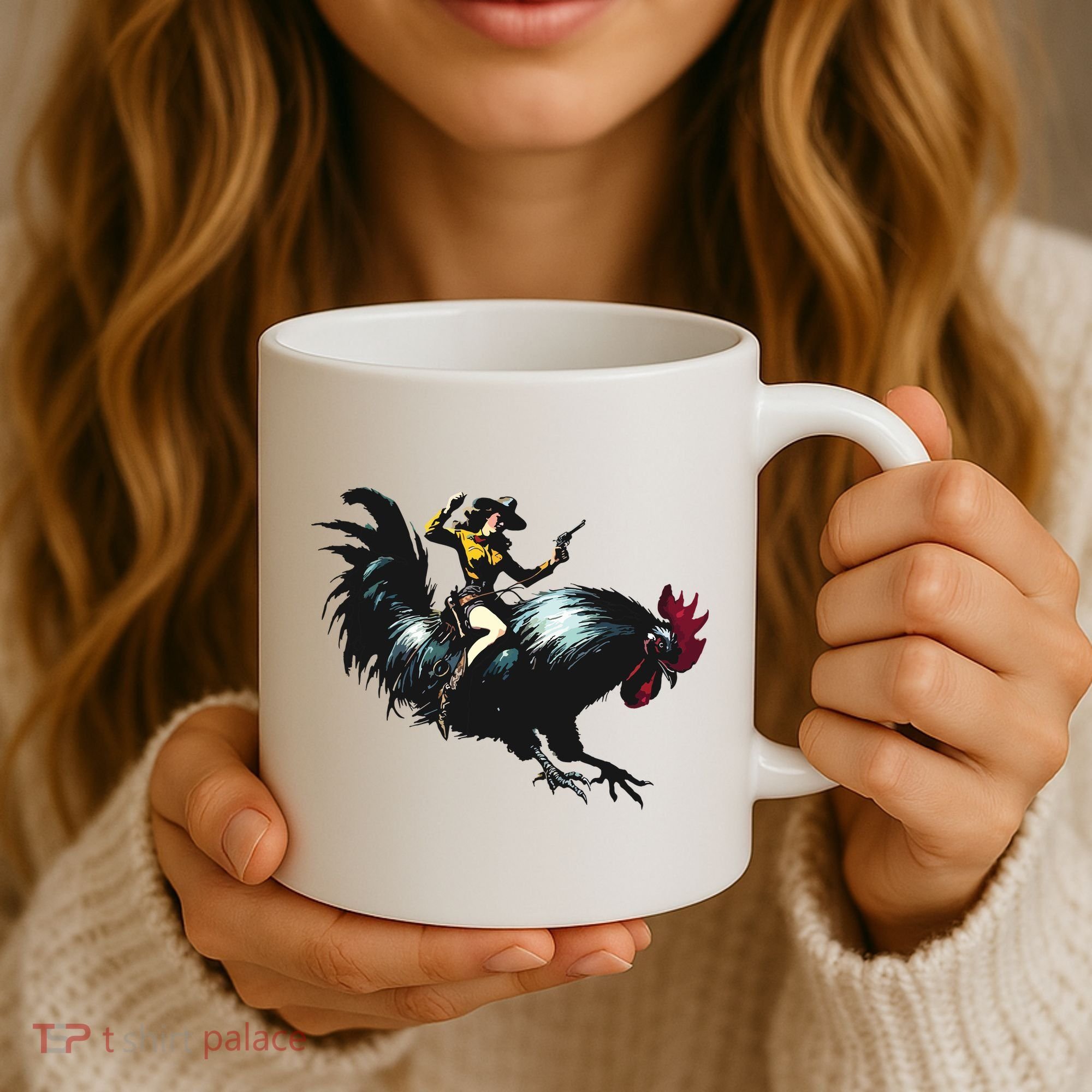 Cowgirl Riding Chicken Funny Retro Rodeo Rooster Coffee Mug