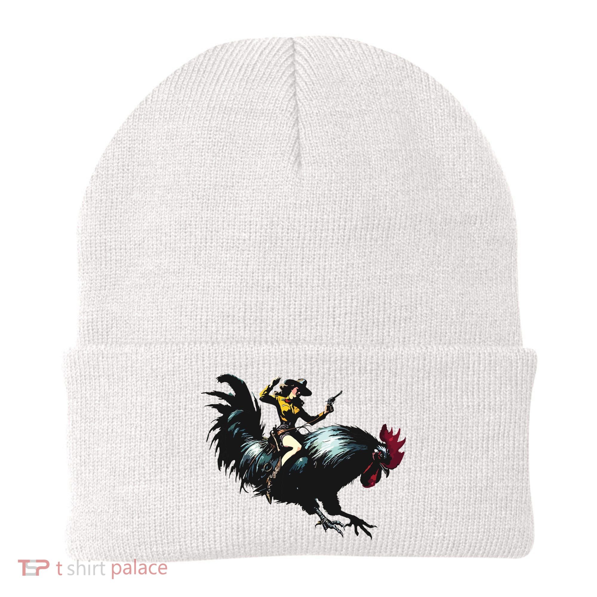 Cowgirl Riding Chicken Funny Retro Rodeo Rooster Beanie
