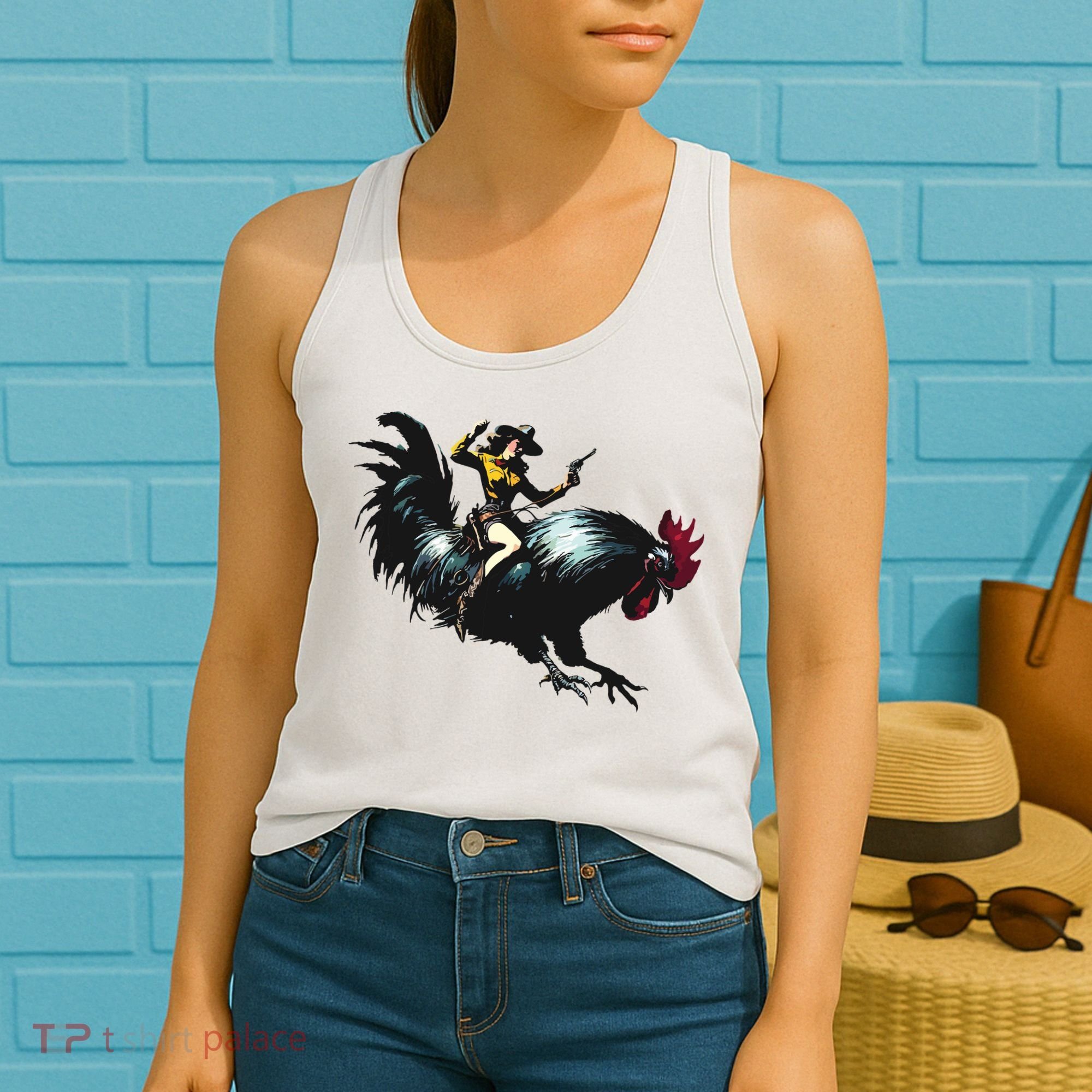 Cowgirl Riding Chicken Funny Retro Rodeo Rooster Women's Tank Top