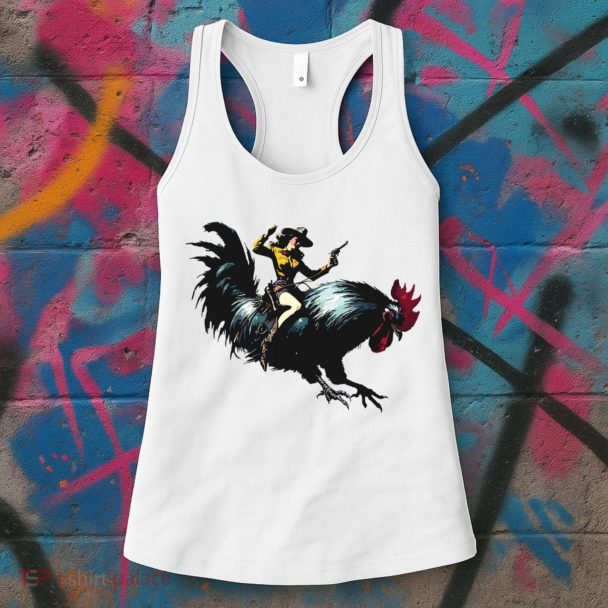 Cowgirl Riding Chicken Funny Retro Rodeo Rooster Women's Tank Top