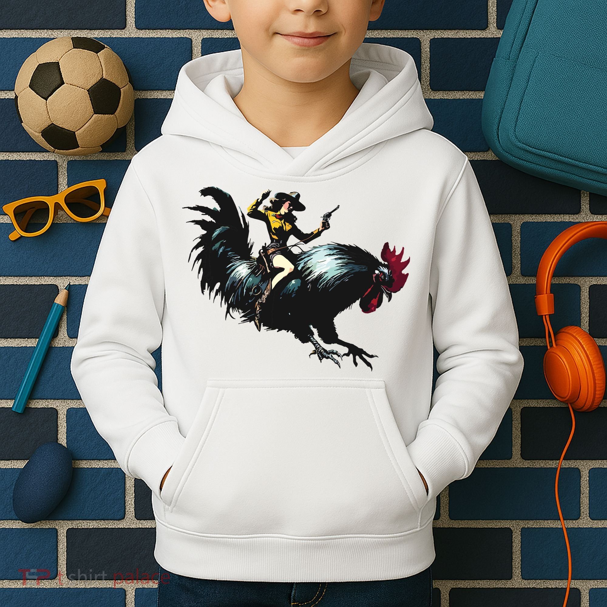 Cowgirl Riding Chicken Funny Retro Rodeo Rooster Kids Hoodie
