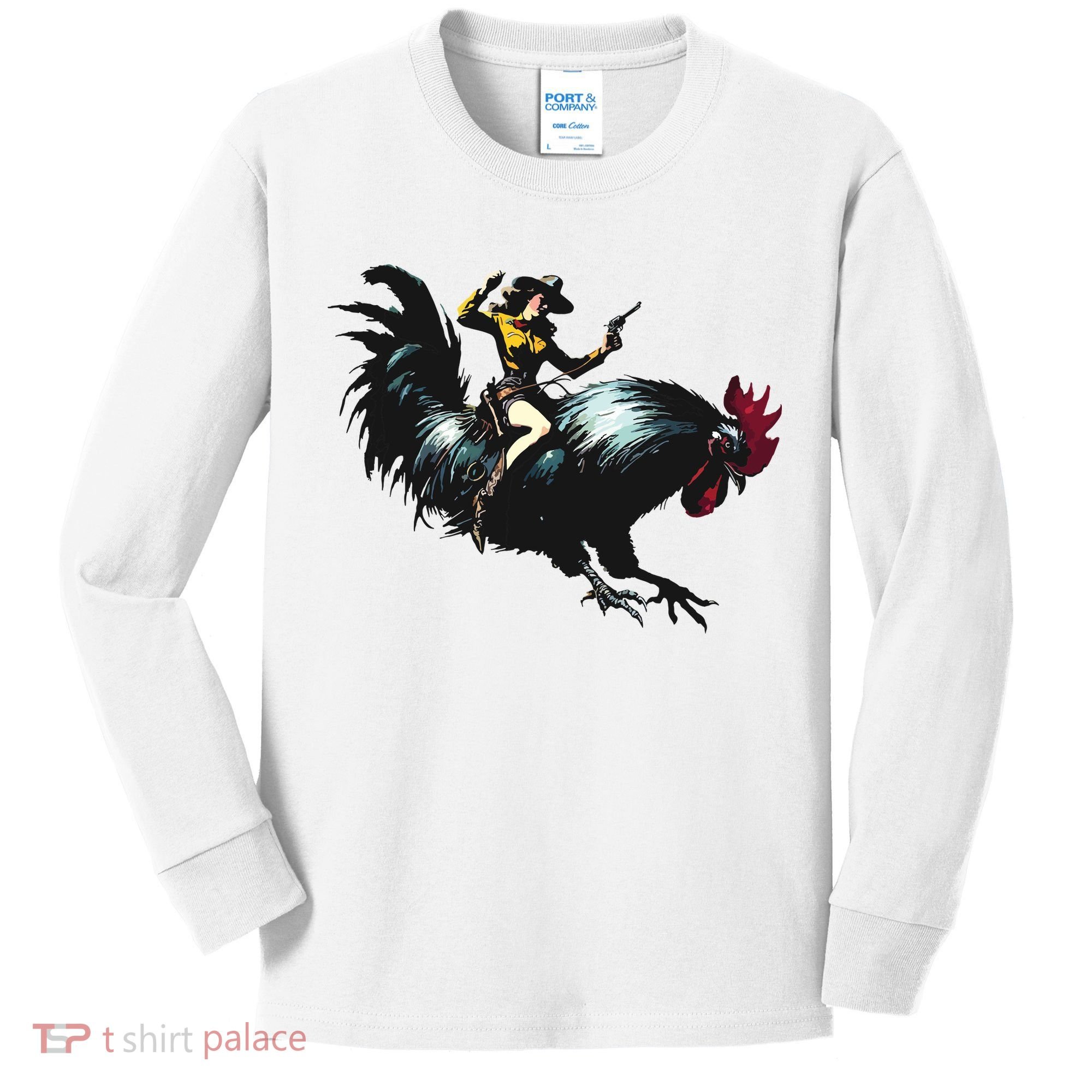 Cowgirl Riding Chicken Funny Retro Rodeo Rooster Kids Long Sleeve Shirt