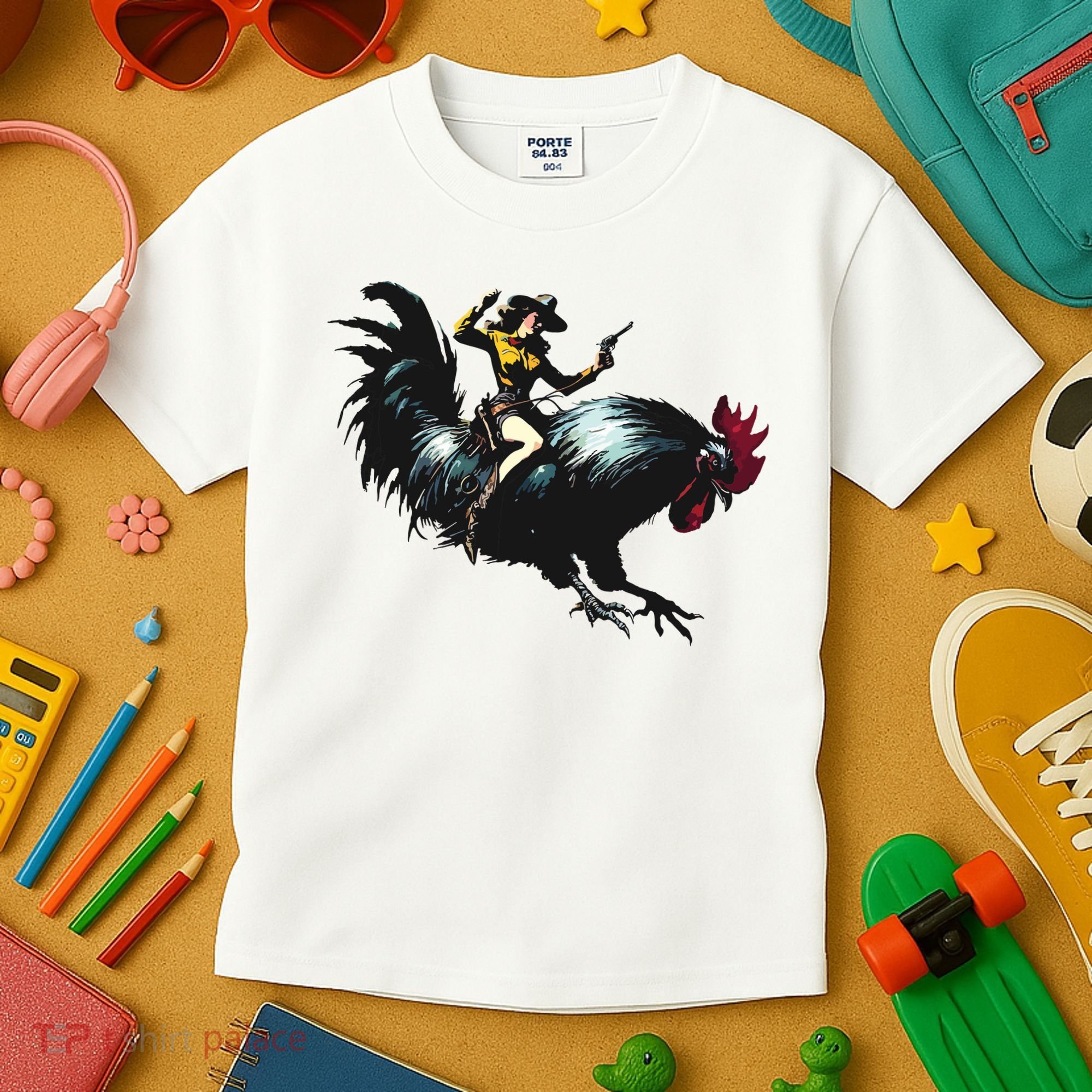 Cowgirl Riding Chicken Funny Retro Rodeo Rooster Kids T-Shirt