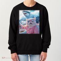 Cool Relaxed Cat on a Yacht Boat with Shark Funny Cat Meme Women's Sweatshirt thumb 0