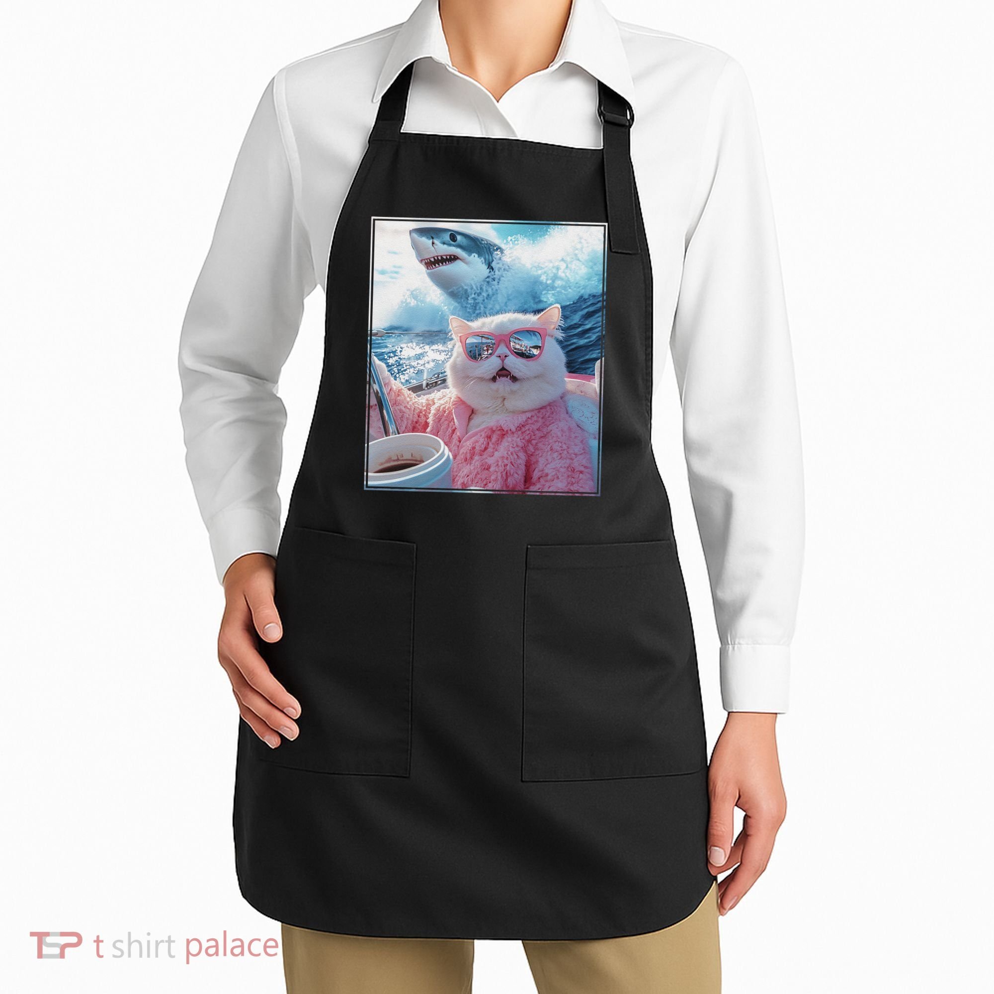 Cool Relaxed Cat on a Yacht Boat with Shark Funny Cat Meme Apron