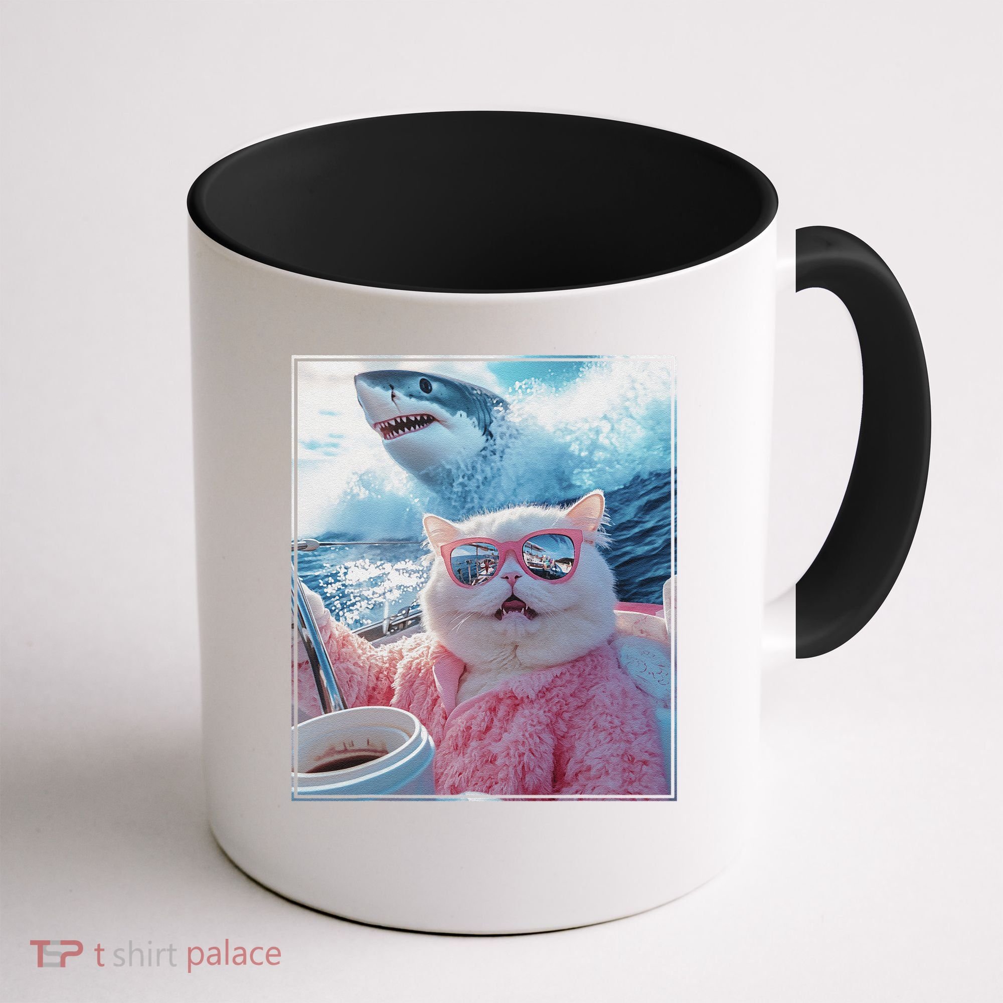 Cool Relaxed Cat on a Yacht Boat with Shark Funny Cat Meme Coffee Mug