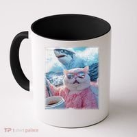 Cool Relaxed Cat on a Yacht Boat with Shark Funny Cat Meme Coffee Mug thumb 0