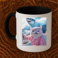 Cool Relaxed Cat on a Yacht Boat with Shark Funny Cat Meme Coffee Mug thumb 2