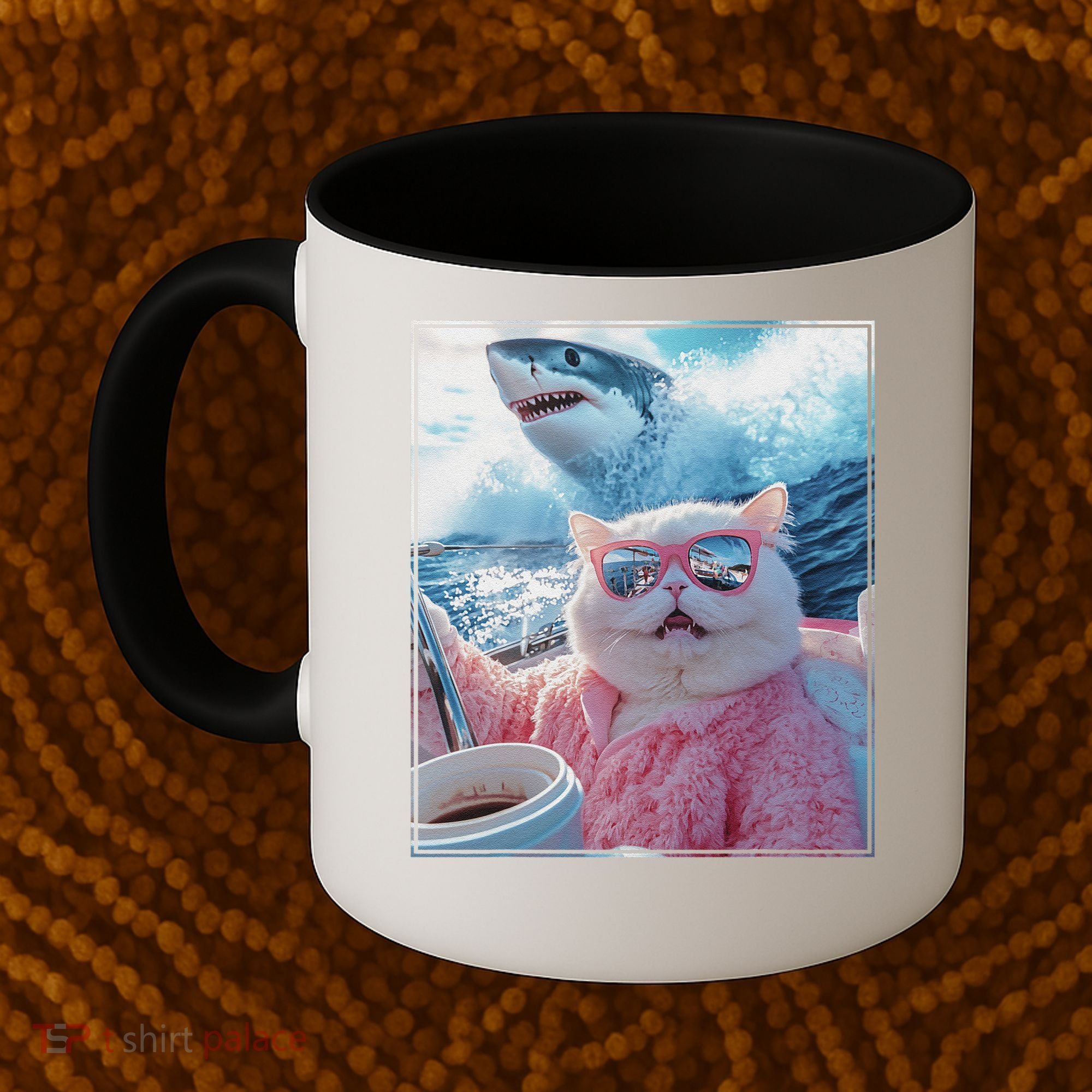 Cool Relaxed Cat on a Yacht Boat with Shark Funny Cat Meme Coffee Mug