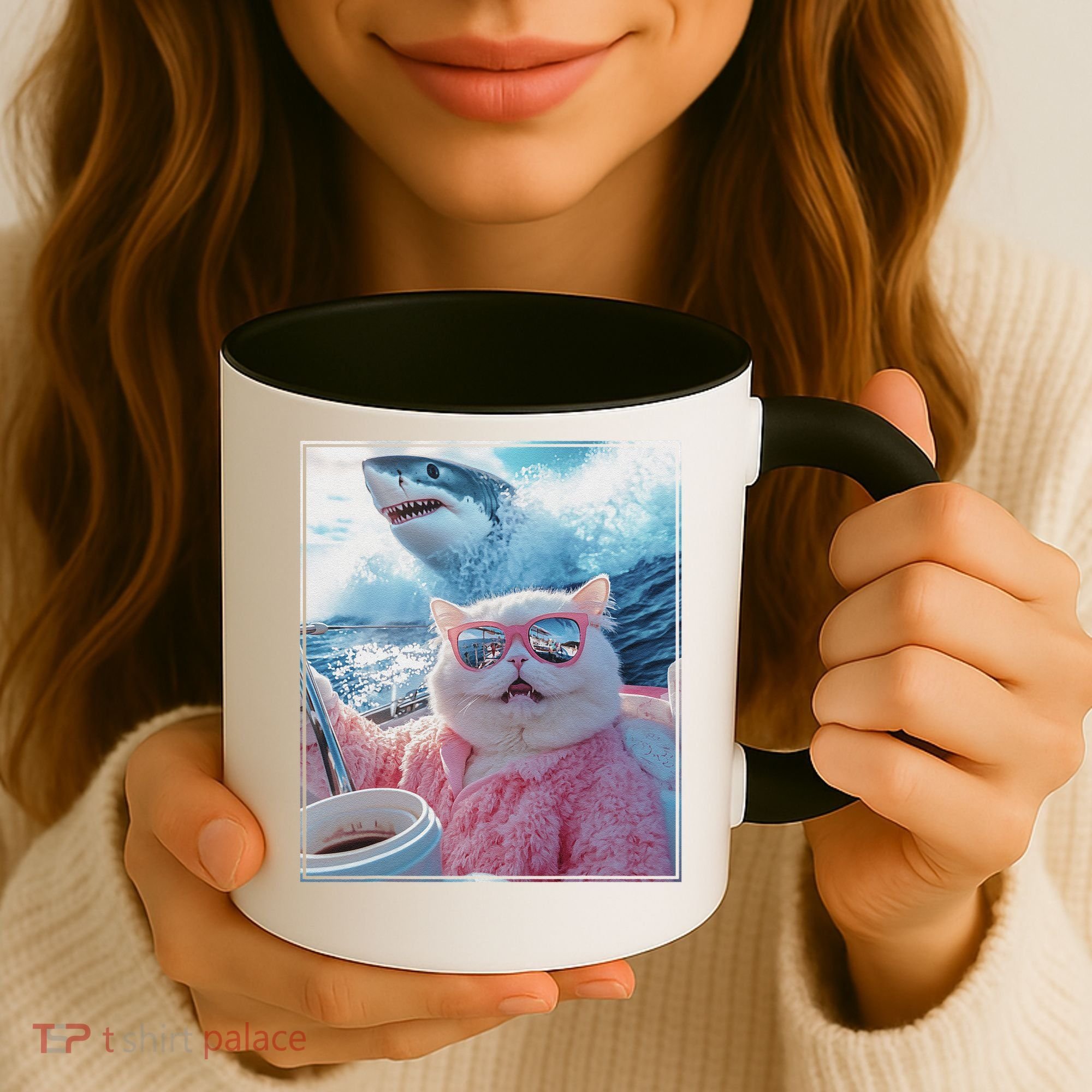 Cool Relaxed Cat on a Yacht Boat with Shark Funny Cat Meme Coffee Mug