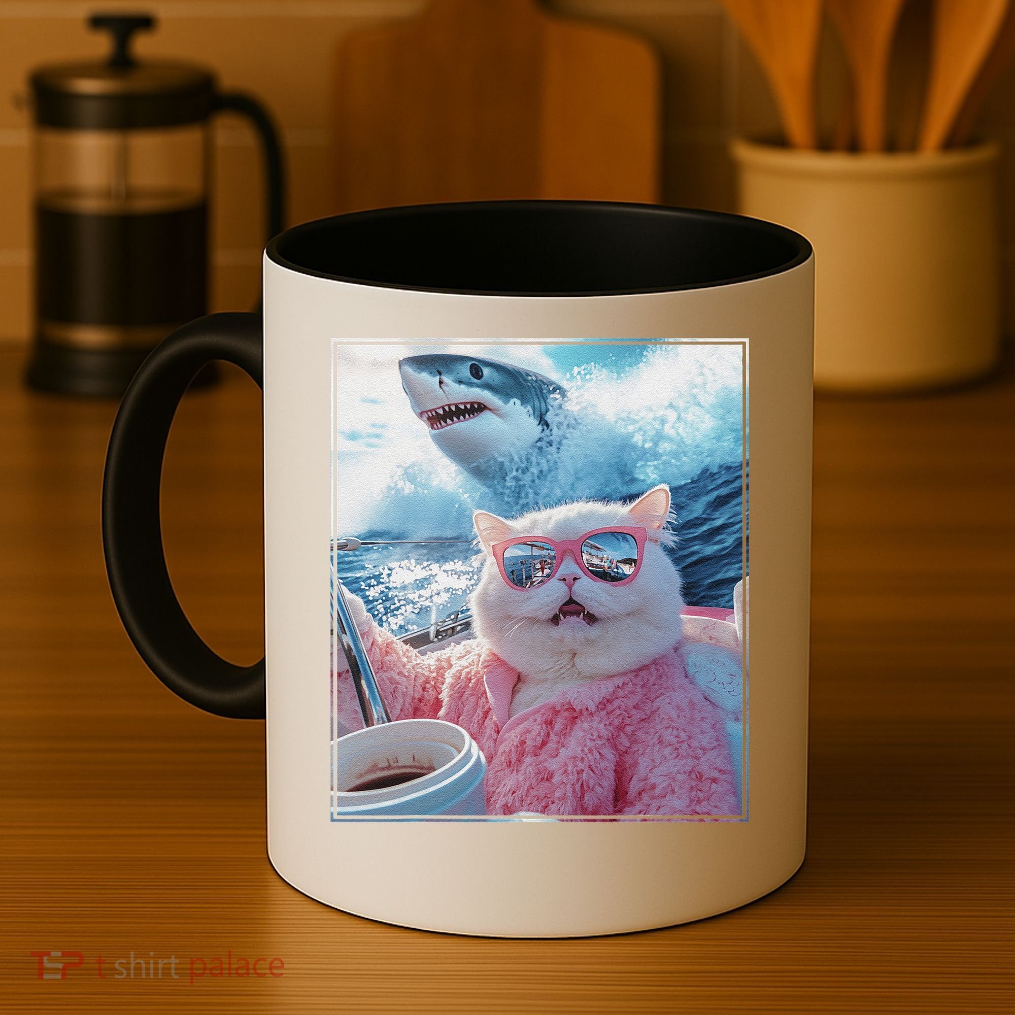 Cool Relaxed Cat on a Yacht Boat with Shark Funny Cat Meme Coffee Mug