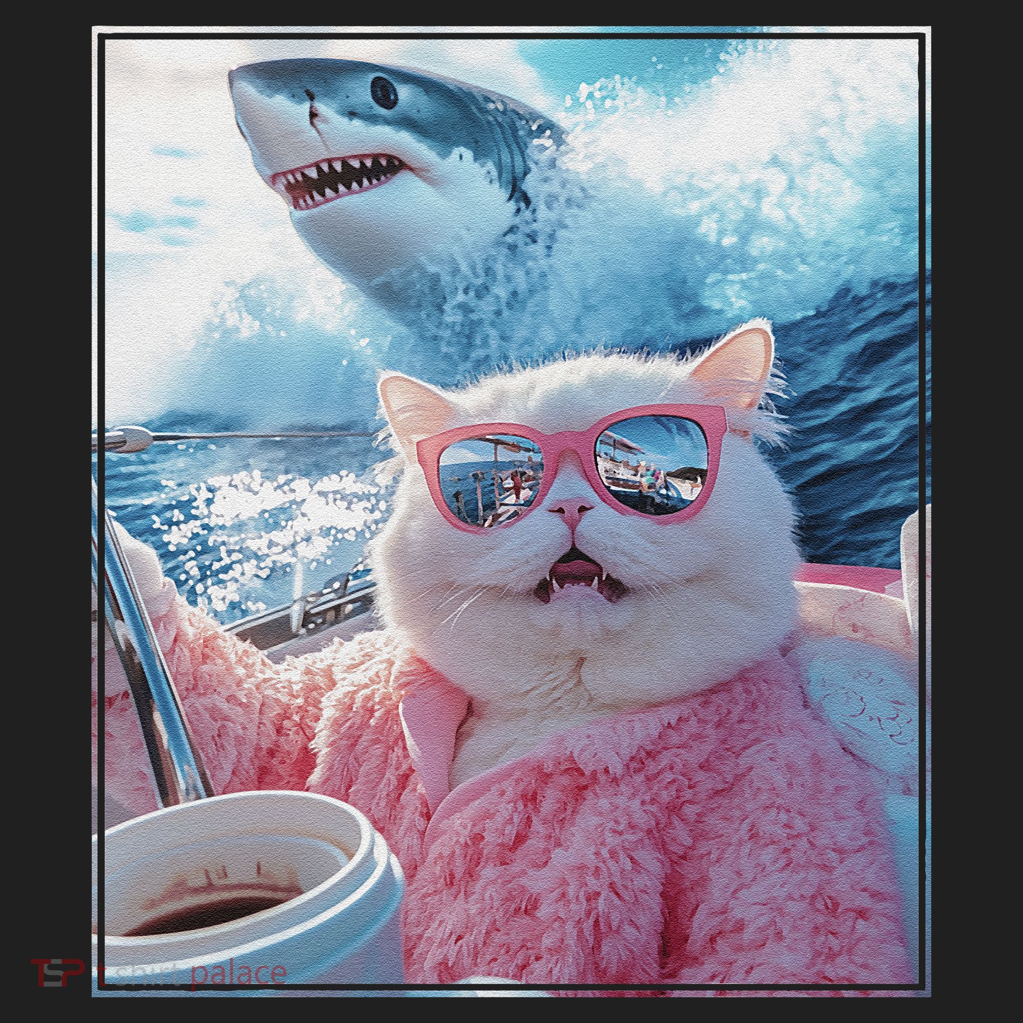 Cool Relaxed Cat on a Yacht Boat with Shark Funny Cat Meme Beanie