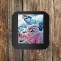 Cool Relaxed Cat on a Yacht Boat with Shark Funny Cat Meme Coaster thumb 0